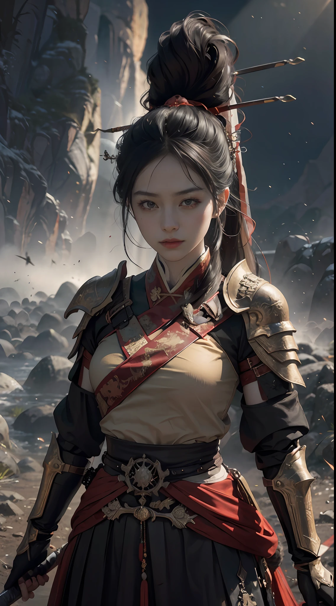 (Positive Focus), (In the Dark: 1), (Best Quality), Movie Poster, Highly Detailed, 8k Wallpaper, Volume Lighting, Dynamic Lighting, A Girl, Long Black Hair, Ponytail, Black Metal Armor, Red Belt, Black Armor, Shoulder Armor, Waist Guard, Hand Guard, Veil, Holding a Long Sword in front of Body, Ancient Chinese Style, Battle Stance, Lots of Blood, Blood Stains on Face, Clothes Damaged, Ancient Chinese Battlefield, Ancient Chinese Soldiers, Arrows Flying, War, Night, Dramatic Composition, Sword qi surrounding, rich picture detail, war, movie lighting,