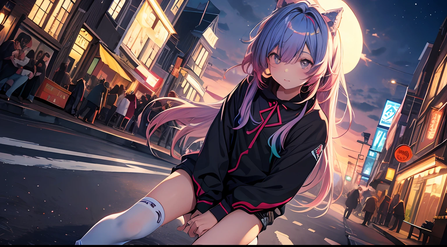 NY, (gradient hair, dutch angle:1.3), film grain, chromatic aberration, city, masterpiece, best quality, raw photo, photorealistic, absurdres, 1girl, cute, perspective, cowboy shot, highres, ultra detailed, detailed eyes and face, sharp pupils, realistic pupils, sharp focus, summer, night, detailed full figure, beautiful socks, Socks above the knees, chance meeting, runaway from home