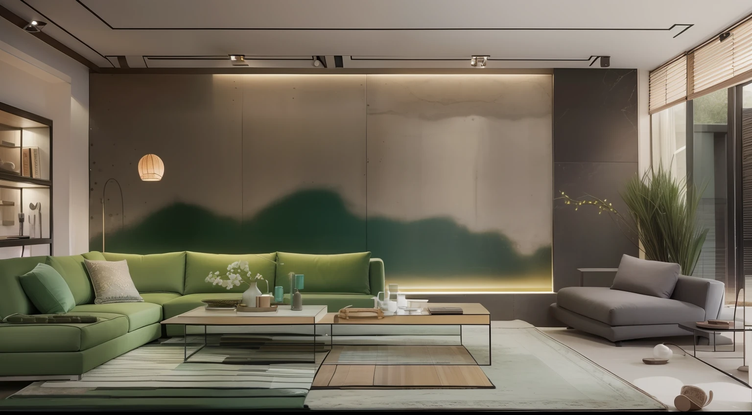 Wabi-sabi style living room,Slate background wall,Bright strip light from wall to top,Decorative painting,Minotti sofa,Classic floor lamp,There are decorative chandeliers,Light wool carpet,Malachite green luxury stone coffee table,Set of single sofas,Flowing window screens,floor to ceiling window,Great view