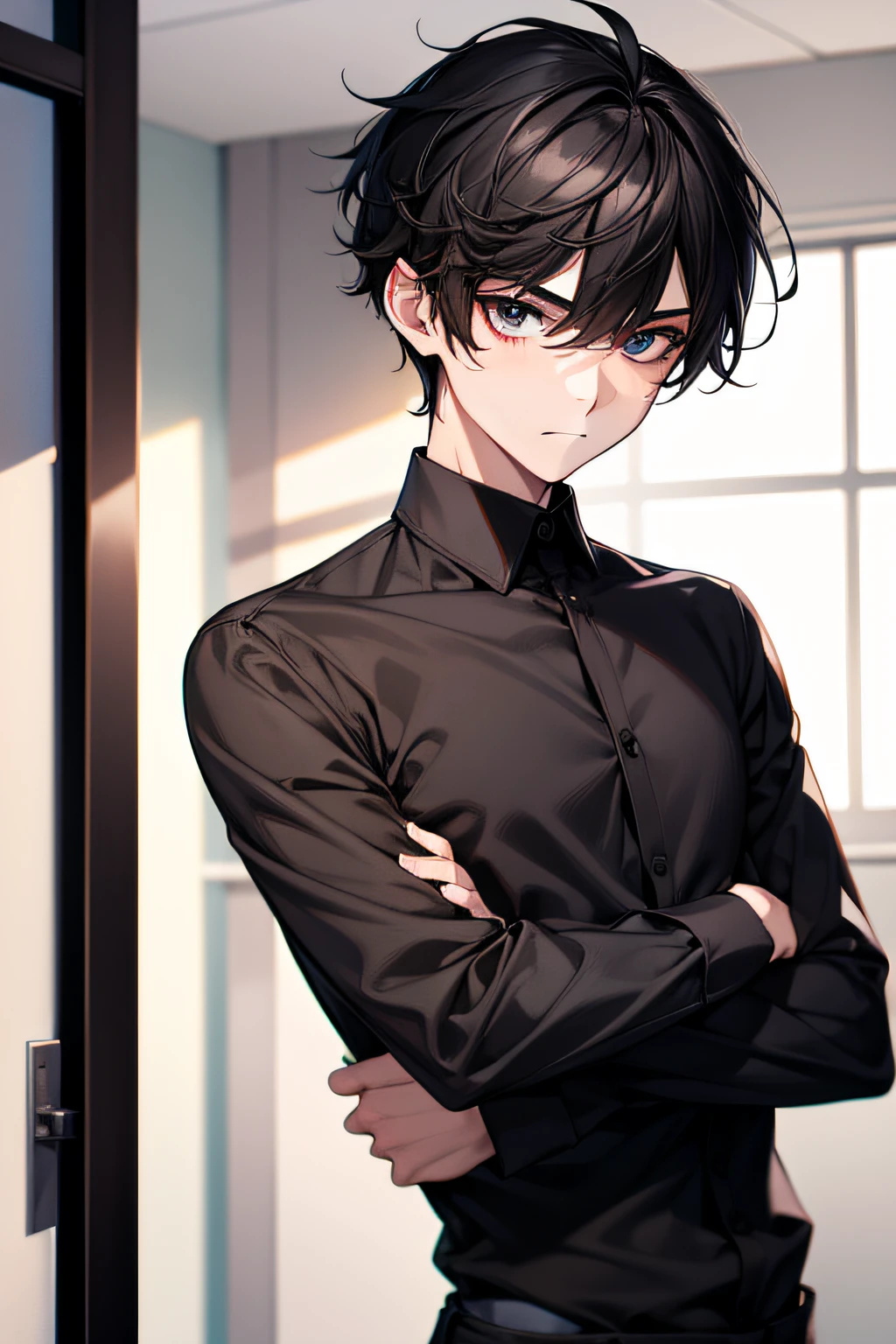 1boy, Face Focus,Best Quality, Hires, Detailed face,femboy,standing,Black shirt,black hair