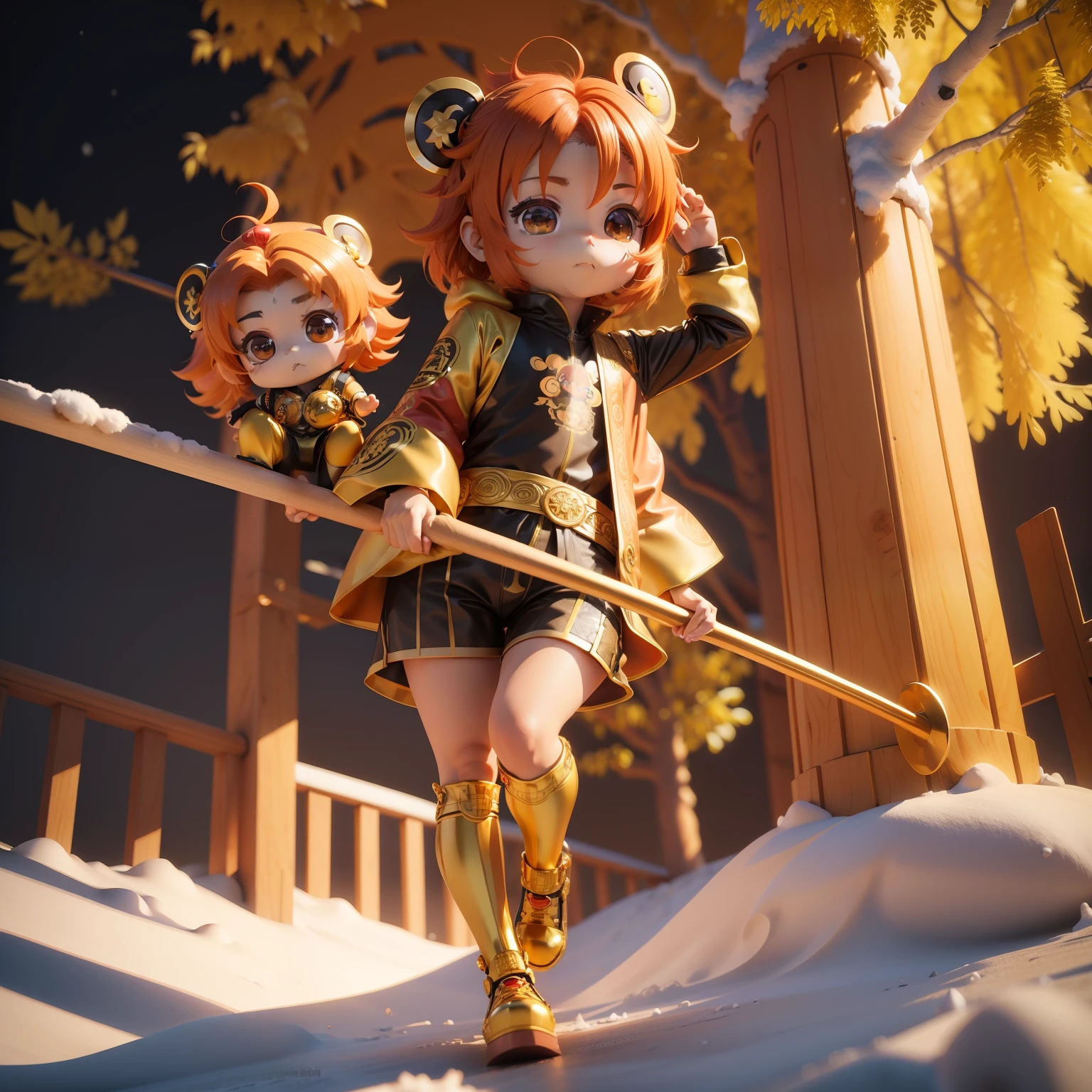 (((Chibi 3D)))Cute and beautiful chibi anime character monkey,Golden metal hair ornament on his head,Red and yellow Tang costume Han style,Have a long pole with decoration,Ride the Snowpack。