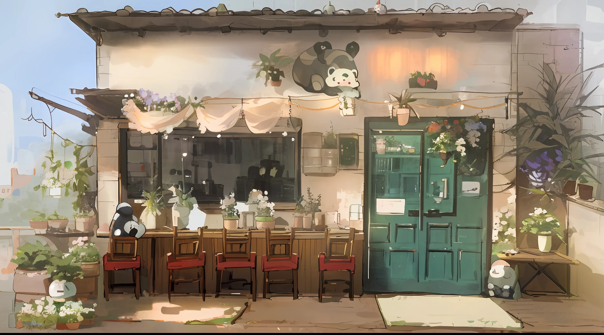 panda ,flower, no_humans, window, chair, table, plant, scenery, door, potted_plant, stool, vase, flower_pot, cafe, cutebuild style