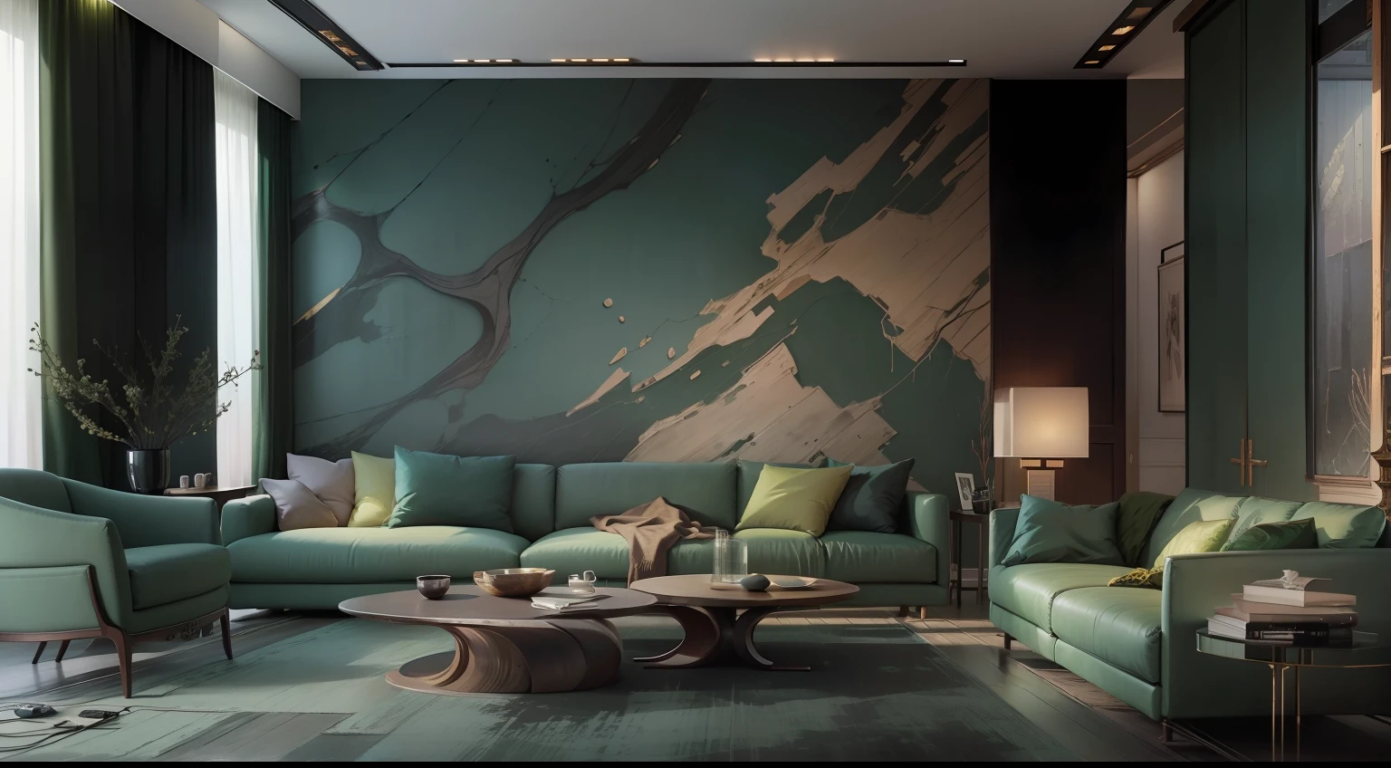 Wabi-sabi style living room,Slate background wall,Bright strip light from wall to top,Decorative painting,Minotti sofa,Classic floor lamp,There are decorative chandeliers,Light wool carpet,Malachite green luxury stone coffee table,Set of single sofas,Flowing window screens,floor to ceiling window,Great view