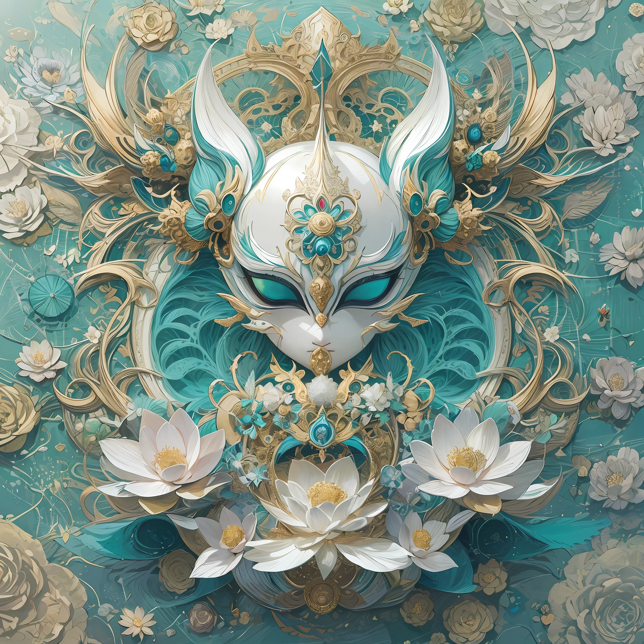 Imagine tranquil scenes inspired by Buddhist philosophy，A vibrant lotus flower stands against a background of intense turquoise tones。The lotus flower symbolizes purity and enlightenment，Intricate petals bloom，emanating a sense of serenity。When you gaze deeper into the image，You will notice an arrangement similar to a mandala，The constellations are elegantly arranged。A fusion of Buddhist symbolism with astrological elements，a harmonious integration，Invites contemplation and a sense of eternal connection。(The sculpture is surrealist and realist: 1.5), (golden colored，Blue and white porcelain mask)， (Metal wings: 1.2), (Fox futuristic mask: 1.2), (Internet pop kawaii fractal art: 1.6), (The art style of Tobias Grammler，Smooth and dynamic form: 1.6), (Organic geometric mixture: 1.6),Ultra-high resolution: 1.4),(particle fx: 1.4), (Depth of field: 1.4), (geometric-dotist abstraction: 1.6), (generative fluid fractal algorithm: 1.6).