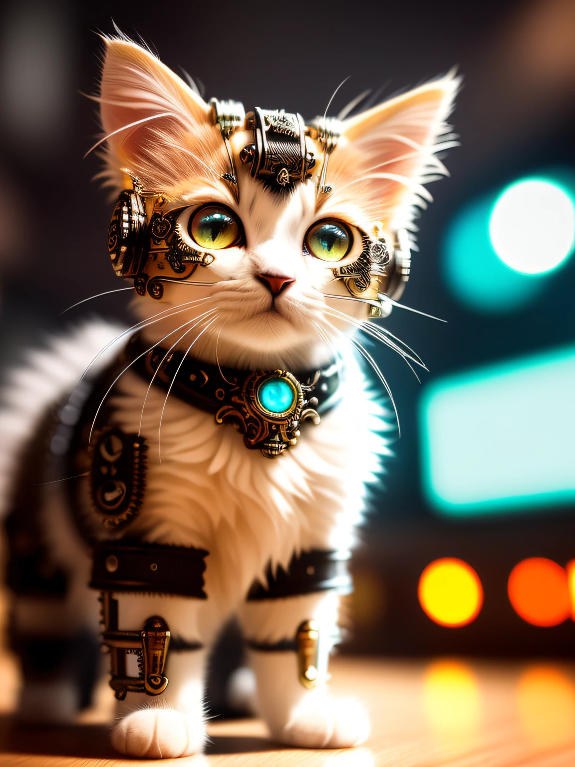 Cute fluffy kitten made of metal, cyborg, cyberpunk style, clockwork, (((intricate detail)), HDR, big eyes, (intricate detail, super detail)), vacuum tube or electron tube, cinematic shot, vignette, bokeh effect tortoiseshell