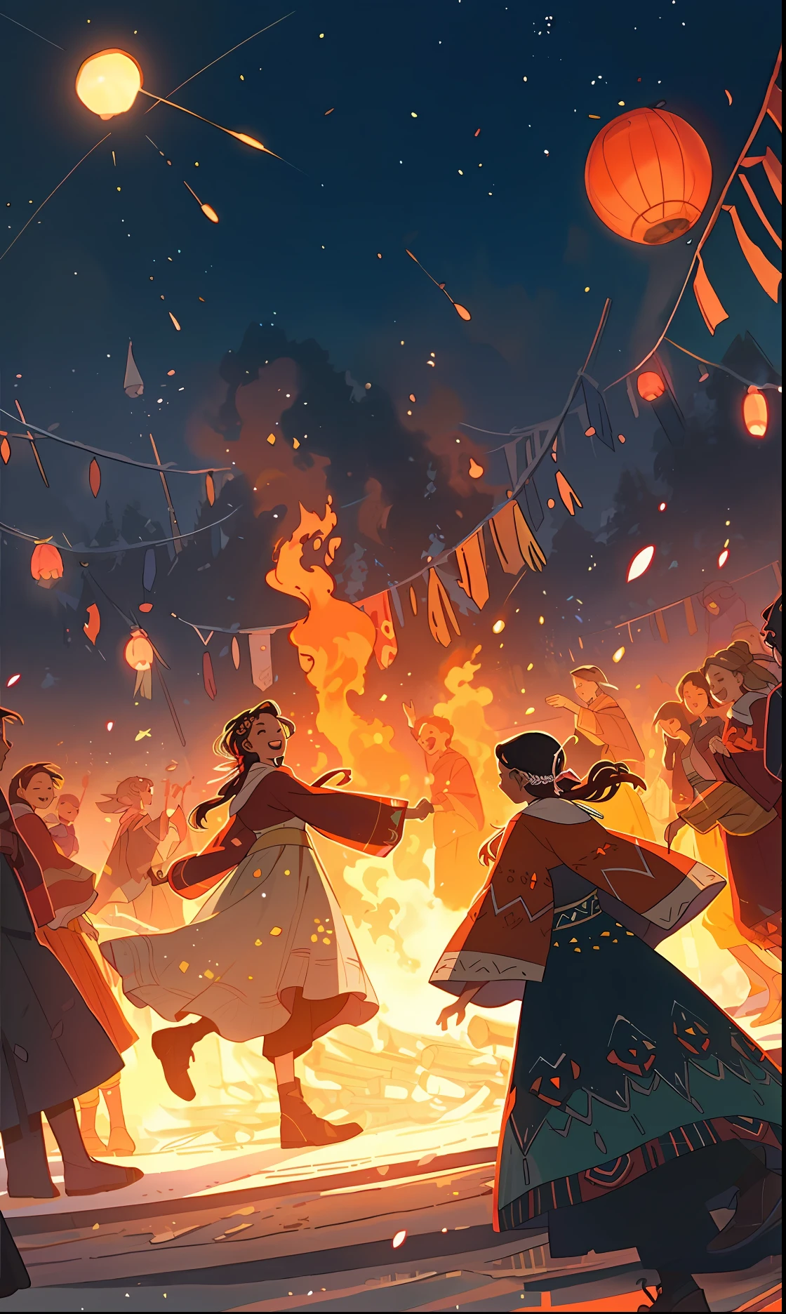 Illustration of a group of people dancing around the fire with torches, atey ghailan 8 k, in style of atey ghailan, by Atey Ghailan, jen bartel, author:Ryan Yee, Sachin Teng, Artgerm and Atey Ghailan, rob rey and kentarõ miura style, Inspired by Atey ghailan, rob rey