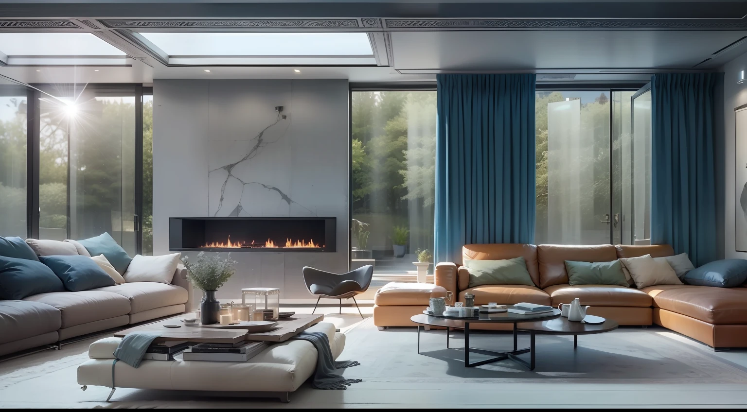 liveroom，Slate video wall，Minotti sofa，carpets，tea table，Lazy sofa，Blue curtains，floor to ceiling window，bright sun，