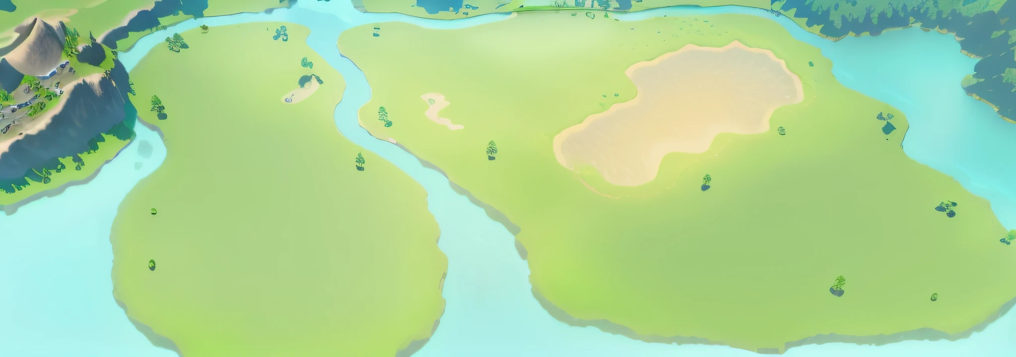 There is a cartoon picture,A river runs through a green field,grassy fields,Game map, Island background, arte de fundo, scattered islands, , distant village background, detailed lake in background, arte de fundo, river in the background, Island background, with a river running through it, background artwork, breezy background, Game map, in game graphic,