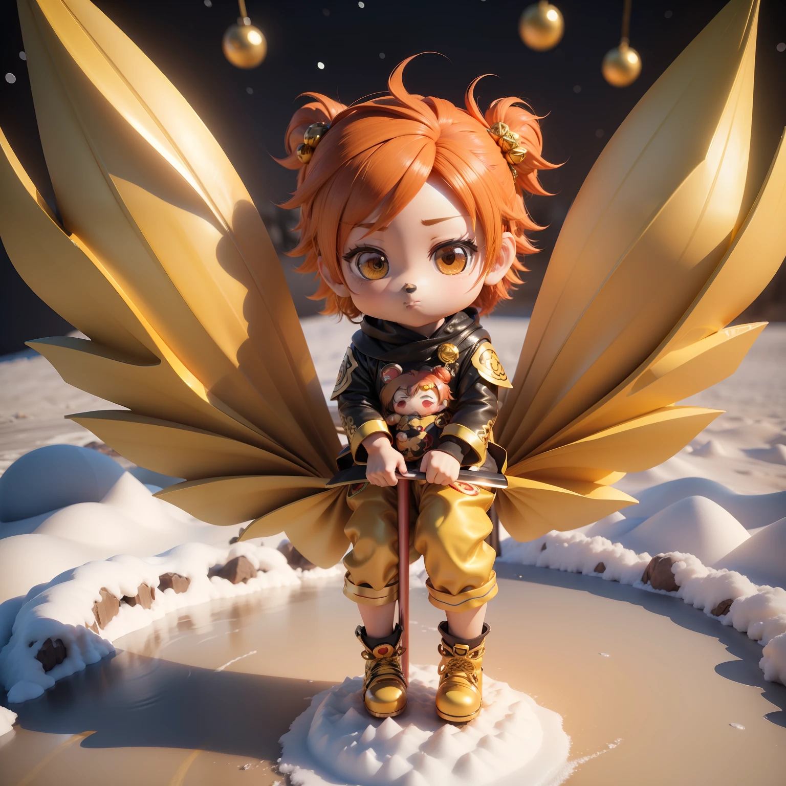 (((Chibi 3D)))Cute and beautiful chibi anime characters🐒,Golden metal hair ornament on his head,Red and yellow Tang costume Han style,Have a long pole with decoration,Ride the Snowpack。