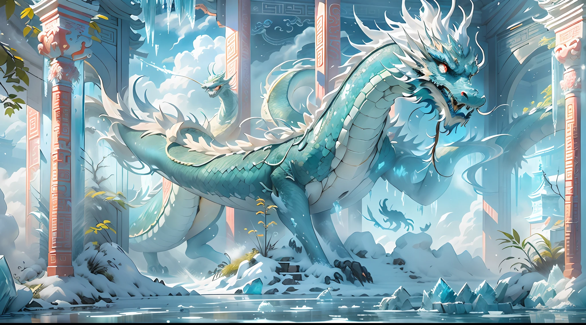 A magical world, (((transparent building)))，(Floating in the sky：1.5)，(White clouds on the ground:1.5)，(((Crystal tiles)))，(((crystal column)))，（（（Crystal wall）））(((The pillars are carved with Chinese dragons)))，Nice colorful light decoration, (icey)，(Frozen Palace:1.5)，best qualtiy，tmasterpiece, 8k 辛烷值渲染, Photorealistic, Cinematic lighting, detailed building, The art of detail carving，Chinese Ancient Architecture，