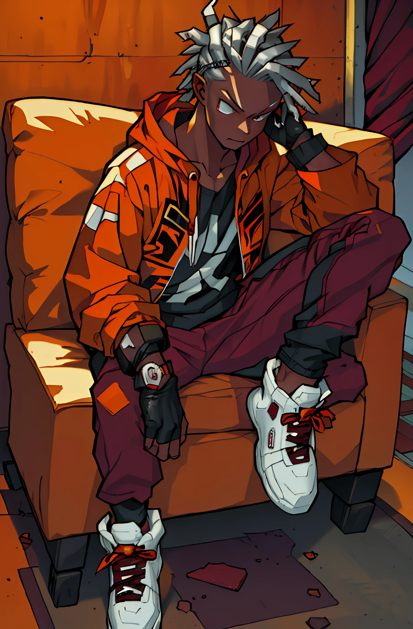 (maroon:1.5, orange:1.1, black:1.3, golden:1.3), (solo,gamer with dread hair),tattoos masterpiece, best quality, (1boy, solo), male focus, sitting on couch, black hoodie, black jeans, leg on knees, grey shirt, red headphones,(two-toned hairstyle, silver eyes) dark skin,tattoos on neck, black fingerless gloves, black hat maroon hair streaks, dreadlocks, scarlet eyes