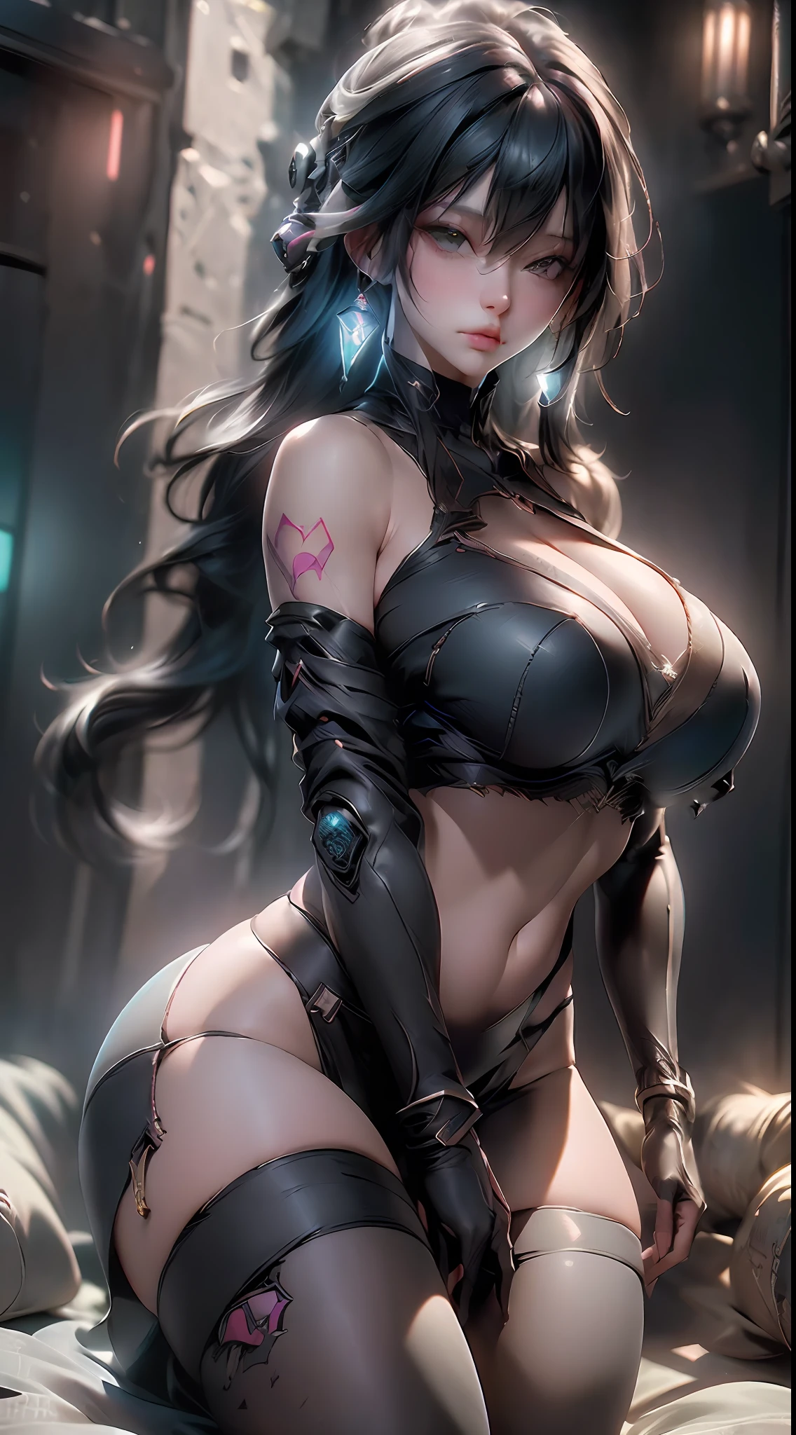 ((best qualtiy)), ((tmasterpiece)), (the detail:1.4), 3D, A beautiful cyberpunk female image,hdr（HighDynamicRange）gigantic cleavage breasts。Oversized breasts，,Ray traching,NVIDIA RTX,Hyper-Resolution,Unreal 5,Subsurface scattering、PBR Texture、post-proces、Anisotropy Filtering、depth of fields、maximum definition and sharpness、Many-Layer Textures、Albedo e mapas Speculares、Surface coloring、Accurate simulation of light-material interactions、perfectly proportions、rendering by octane、Two-colored light、largeaperture、Low ISO、White balance、the rule of thirds、8K raw data、