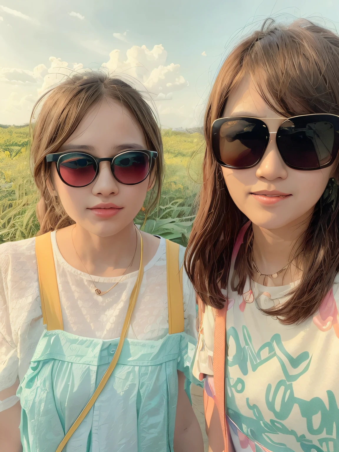 Two young girls wearing sunglasses pose for a photo in the field, with sunglass, Ruan Jia and Fenghua Zhong, 8k selfie photograph, wearing thin large round glasses, with ivy, With glasses, with square glasses, with her long, Li Zixin, zmonzheng, very very low quality picture, !!wearing modern glasses!!