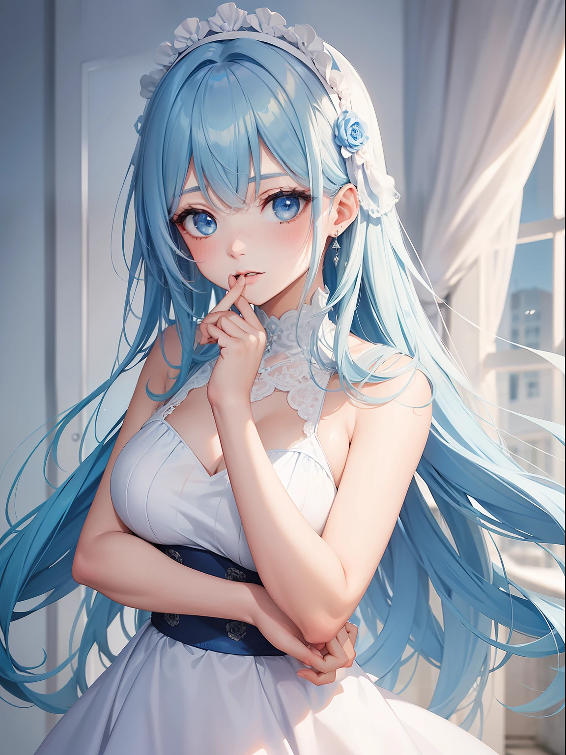 a women, blue hair, blue eyes, white dress