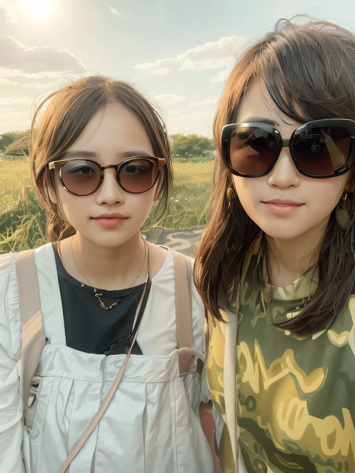Two young girls wearing sunglasses pose for a photo in the field, with sunglass, Ruan Jia and Fenghua Zhong, 8k selfie photograph, wearing thin large round glasses, with ivy, With glasses, with square glasses, with her long, Li Zixin, zmonzheng, very very low quality picture, !!wearing modern glasses!!