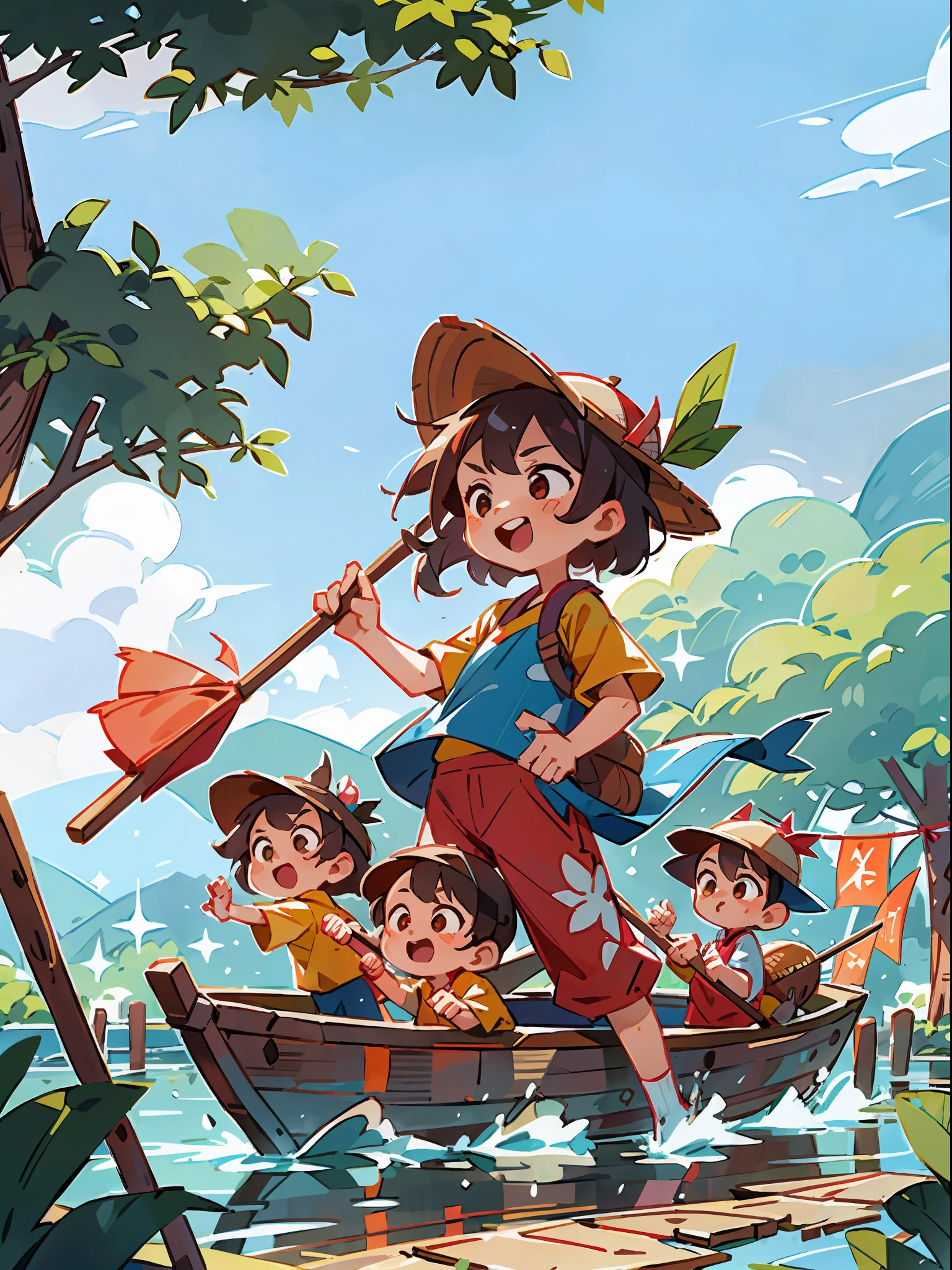 On this warm Dragon Boat Festival, children in the village prepare to celebrate this traditional festival in the river. They wore a variety of colorful clothes, some red pants, some blue hats, and some brightly colored floral shirts. They lined up in two rows by the river, holding long oars, eagerly waiting for the race to begin.

A group of kind and enthusiastic adults gathered on the shore, waving brightly colored flags and cheering.

The children worked hard to paddle the dragon boat on the water. Their oars rowed together and worked together very well, allowing the dragon boat to draw a graceful arc on the water. They encourage each other, motivate each other, and move forward like a close-knit team.

The adults on the shore were even more excited to see such a performance. They kept encouraging the children and shouted out the loudest. They waved flags and blew horns, filling the entire river with cheers and applause.

After some time of racing, the children successfully crossed the finish line and received warm applause and cheers from everyone. The whole village is surrounded by the joy of the Dragon Boat Festival, which makes all the people feel extremely happy and satisfied. This dragon boat race is not only a sports day, but also an unforgettable holiday celebration.