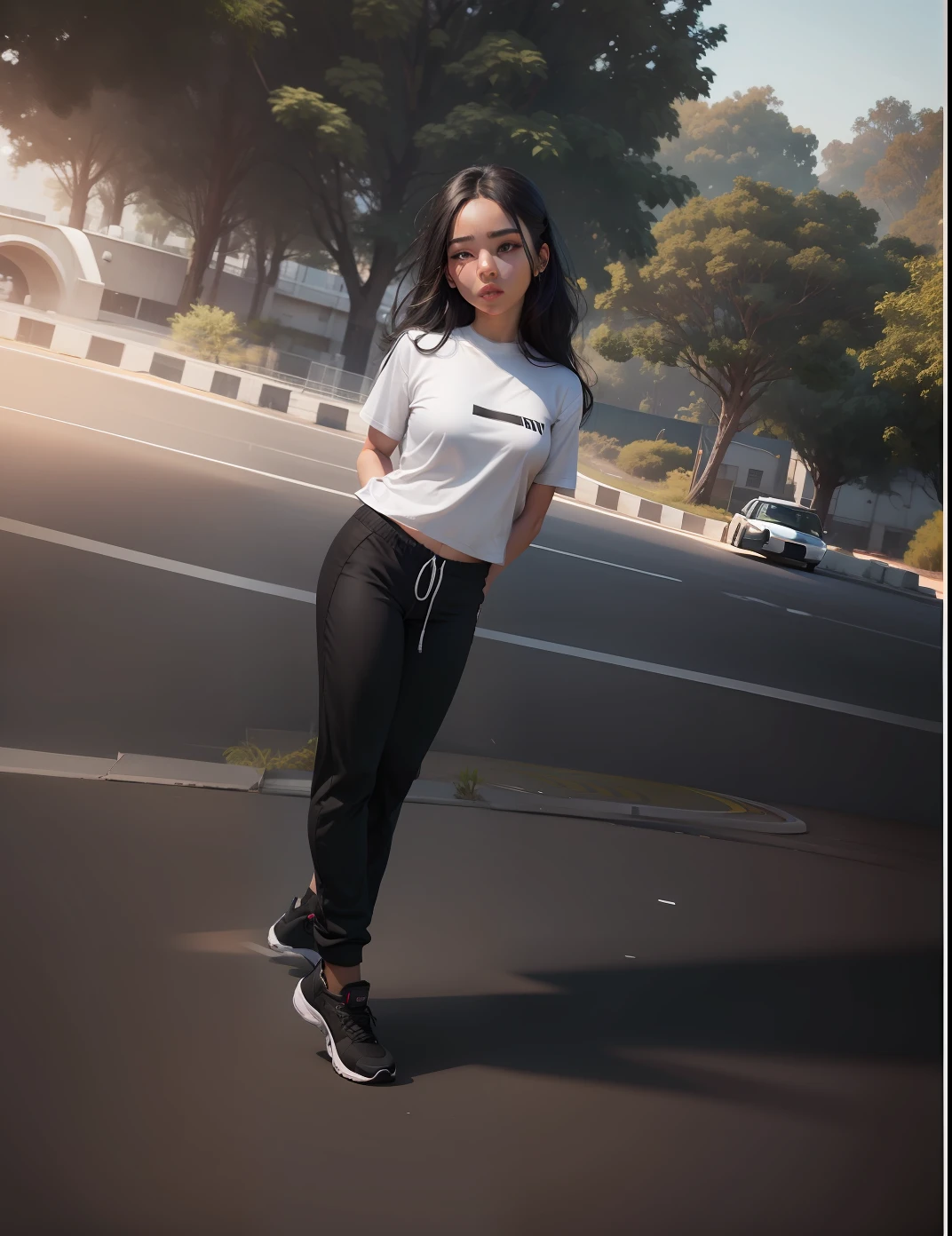 Change background beautiful girl with black track pant and white top realistic face .8k ultra realistic. Increase her height.