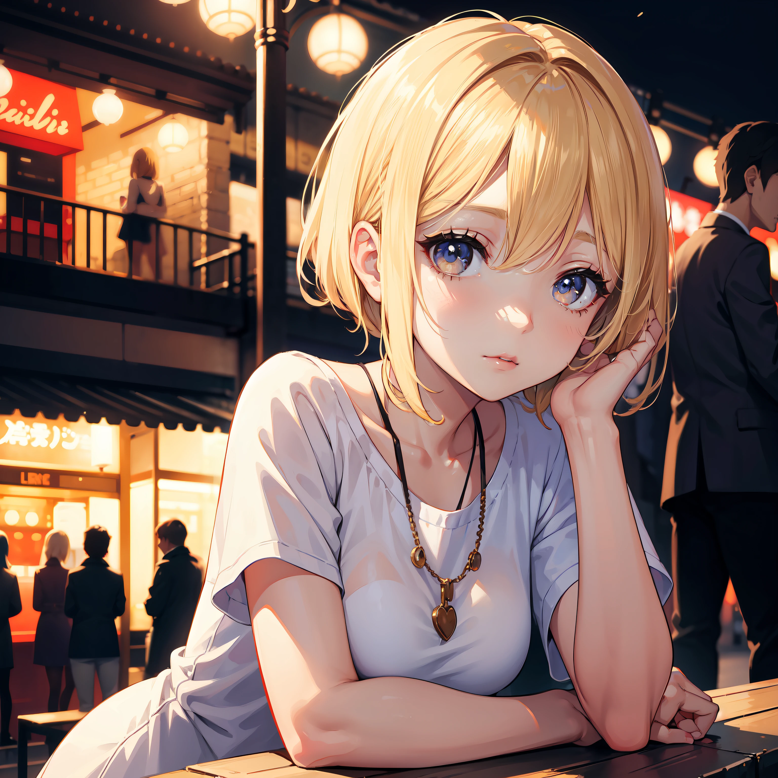 Close focus on face, sexy cute girl, short blondy hair, colored ambient lights, street environment, long eyelashes, cute clothes, people on background, rose eyes, turist, day time, cute Leaning forward pose