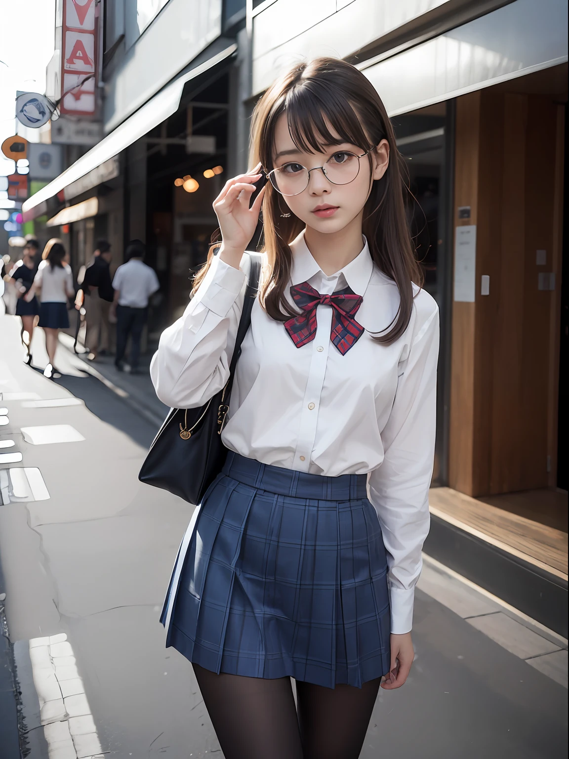 （8K、Raw photography、top-quality、​masterpiece：1.2),de pele branca,Black pantyhose,absurderes,a small face,small tits,flat breast,Parting the bangs from the middle、Forehead visible,(Tight eyes,Bullish,skinny,Rasping,irate)、​masterpiece,top-quality、超A high resolution,Raw photo,ren,Beautiful fece,One Person, 独奏,eye glass,,Dark look,Small breasts,fullllbody,Round glasses、cute little、JK school uniform,hi-school girl,A Japanese Lady,is standing,(Tight eyes,Bullish,skinny,Rasping,irate,small tits,flat breast)、（Photorealsitic：1.37）、Photon mapping,Light blue ribbon,Realistic、Cute little face,Brown-eyed、Black socks、(Red bow tie)、Radio City、Physically Based Rendering、Foreground、depth of fields、Blurry background、a picture,The girls、Body,beauty legs, Long legs, Thin leg,poneyTail,(Bangs are visible), hair, s lips, Blue_The eye, nosesoft,White shirt, Navy and blue and white plaid pleated skirt, Knees are visible,Sheer clothing,, Thigh, Black cotton socks,Nogizaka Idol, 女優, Japanese ido