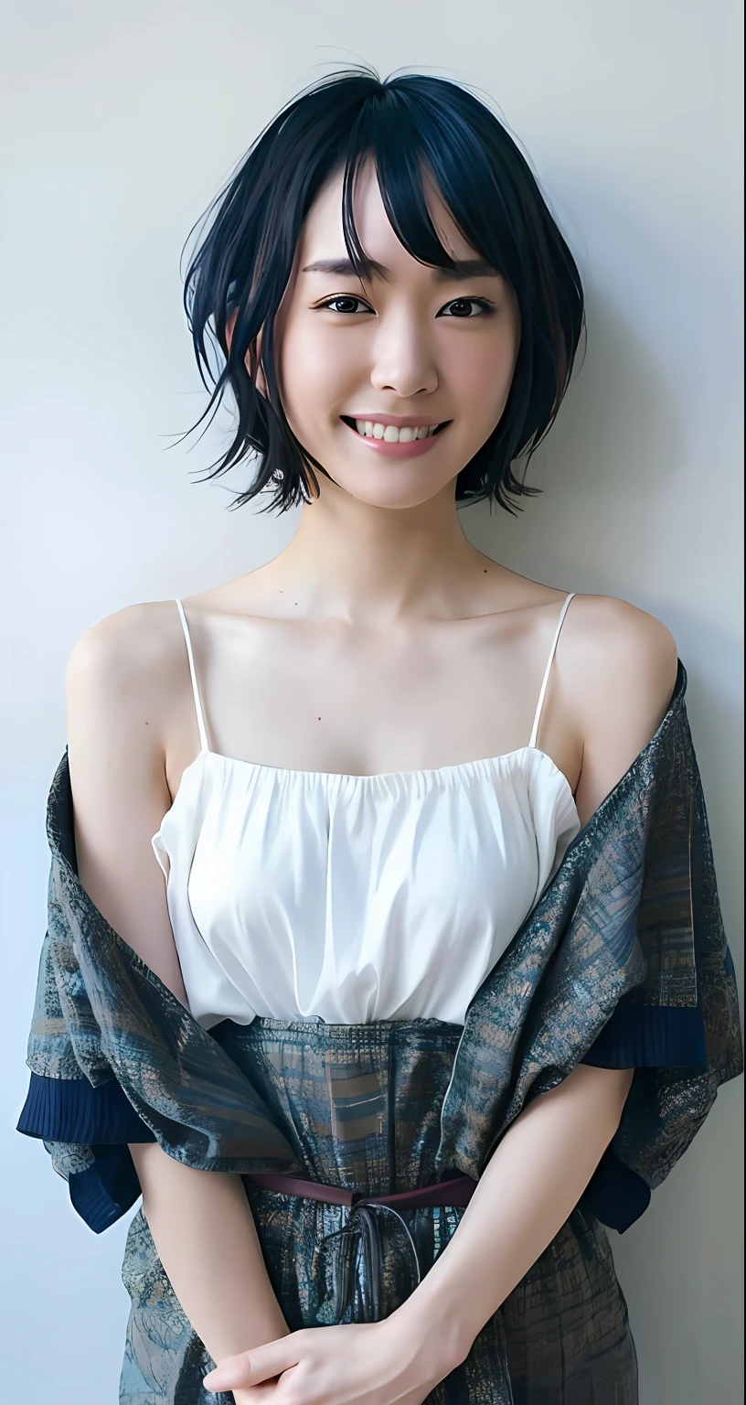best quality, masterpiece, ultra high res, (photorealistic:1.4), raw photo, 1girl, beautiful Japanese woman, beautiful skin, black hair:1.7, gakki, ((short hair:1.5)), 30 years old, happy laughing:1.2, micro bikini