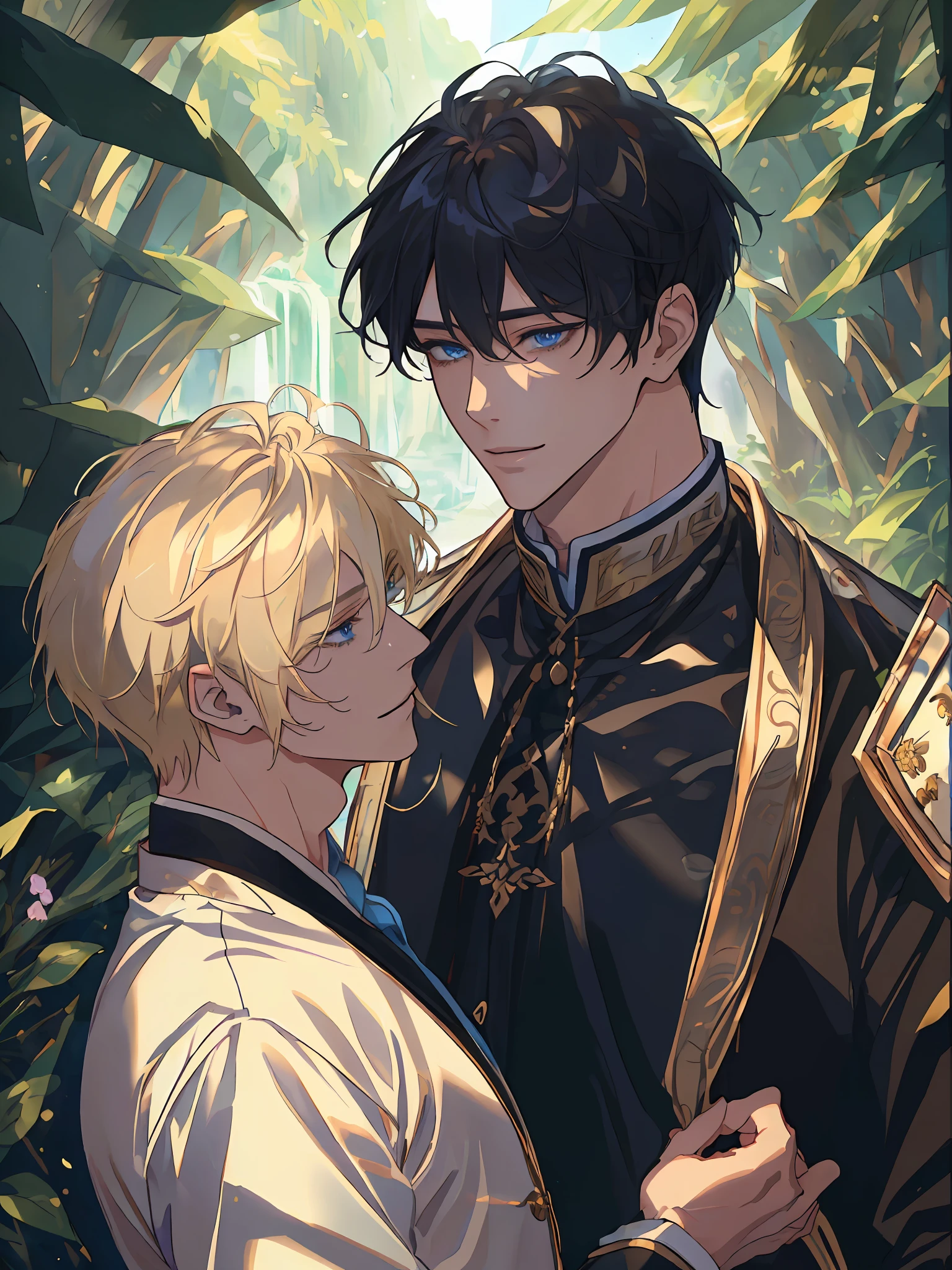((​masterpiece:1.2、top-quality))、((Two men))、blonde  hair、blue eyess(a handsome:1.4)、full bodyesbian、Guys only:1.3、校服、royalty、Black Knight、Short black hair、Golden Eyes、Scar on the right eye、Black Armor、Fantasia、blooming flowers、sunlights、Fantastic Light and Shadow、landscapes、extra detailed face、portraitures、a smile