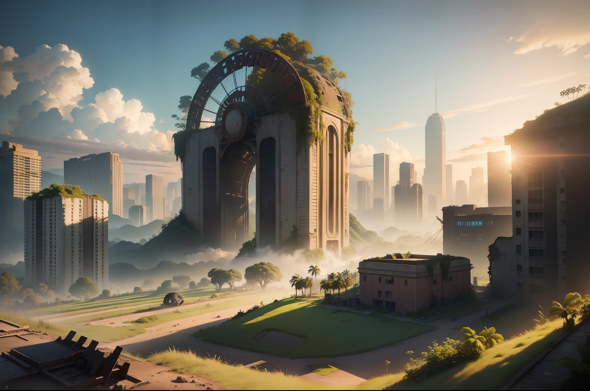 Fields and ruins Jurassic Park,Wheel of Destruction,Bright warm colors,morningglow,Eye level height,Panorama composition,废墟, Abandoned fields,Morning light,Ruins of the City of the Fallen Kingdom, cinematic unreal engine 5