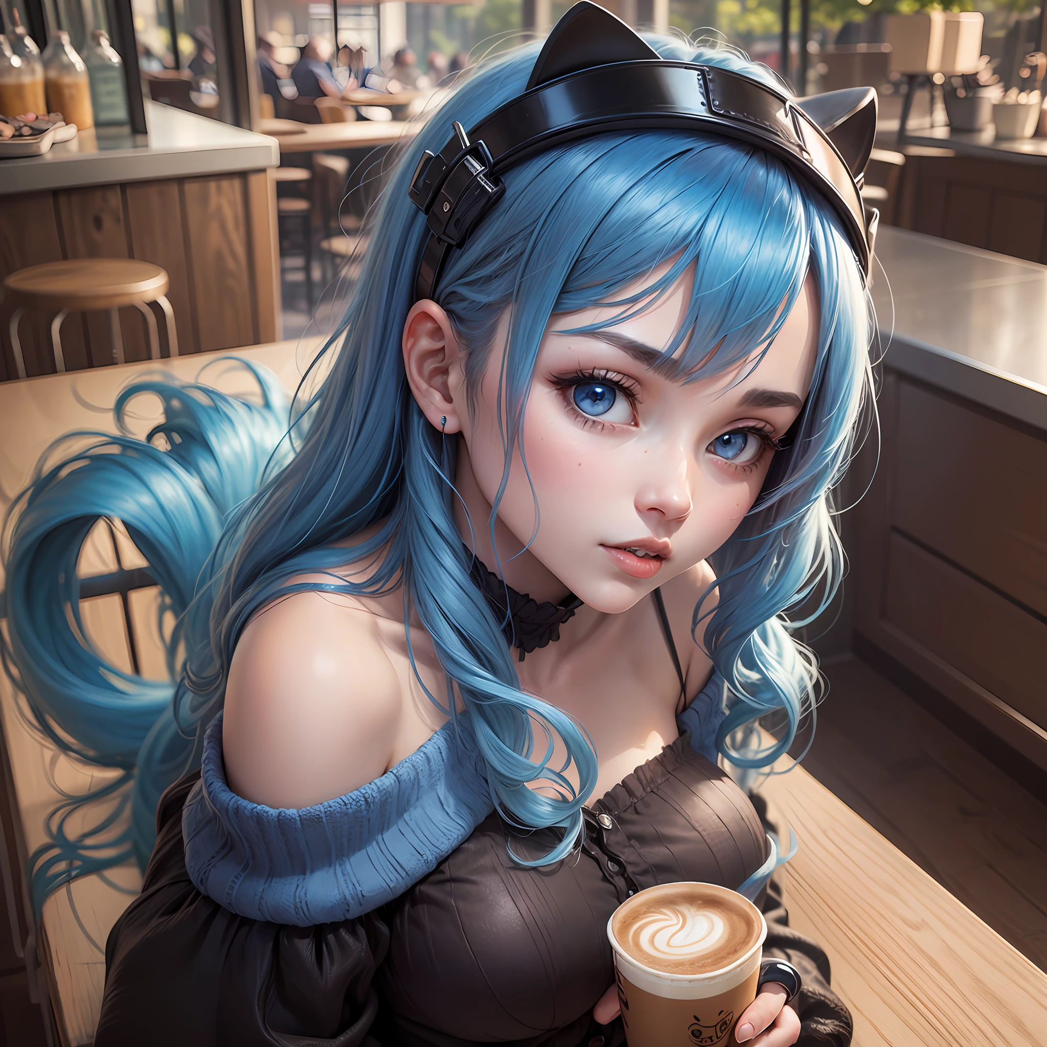 8K、top-quality、Masterpiece、An ultra-high picture quality、ultra-detailliert、Super beautiful、animesque、Ultra-realistic flesh feeling、full bodyesbian、Drinking a latte、Off-shoulder blue knitwear、Beautuful Women、Long blue hair、poneyTail、Blue eyes、shinny skin、Very gigantic-breasts、extremely big ass、shinny skin 、The background is a café --auto --s2