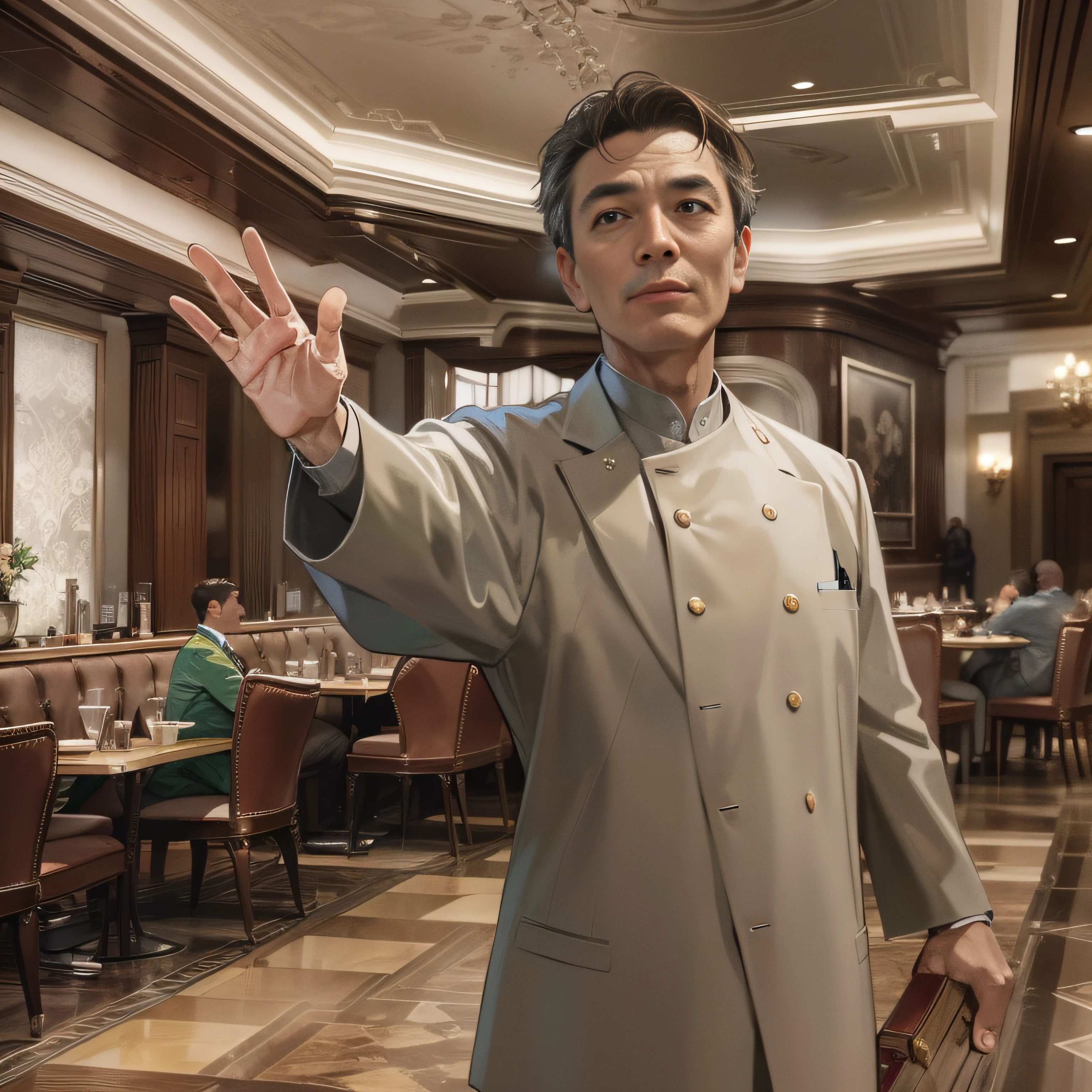 A 55-year-old middle-aged man with short brown hair and a silver Tang suit,(waving hands),Domineering,Restaurant reception,grand master,tmasterpiece,8k wallpaper,CG,Ultra-high image quality,light and shadow effect