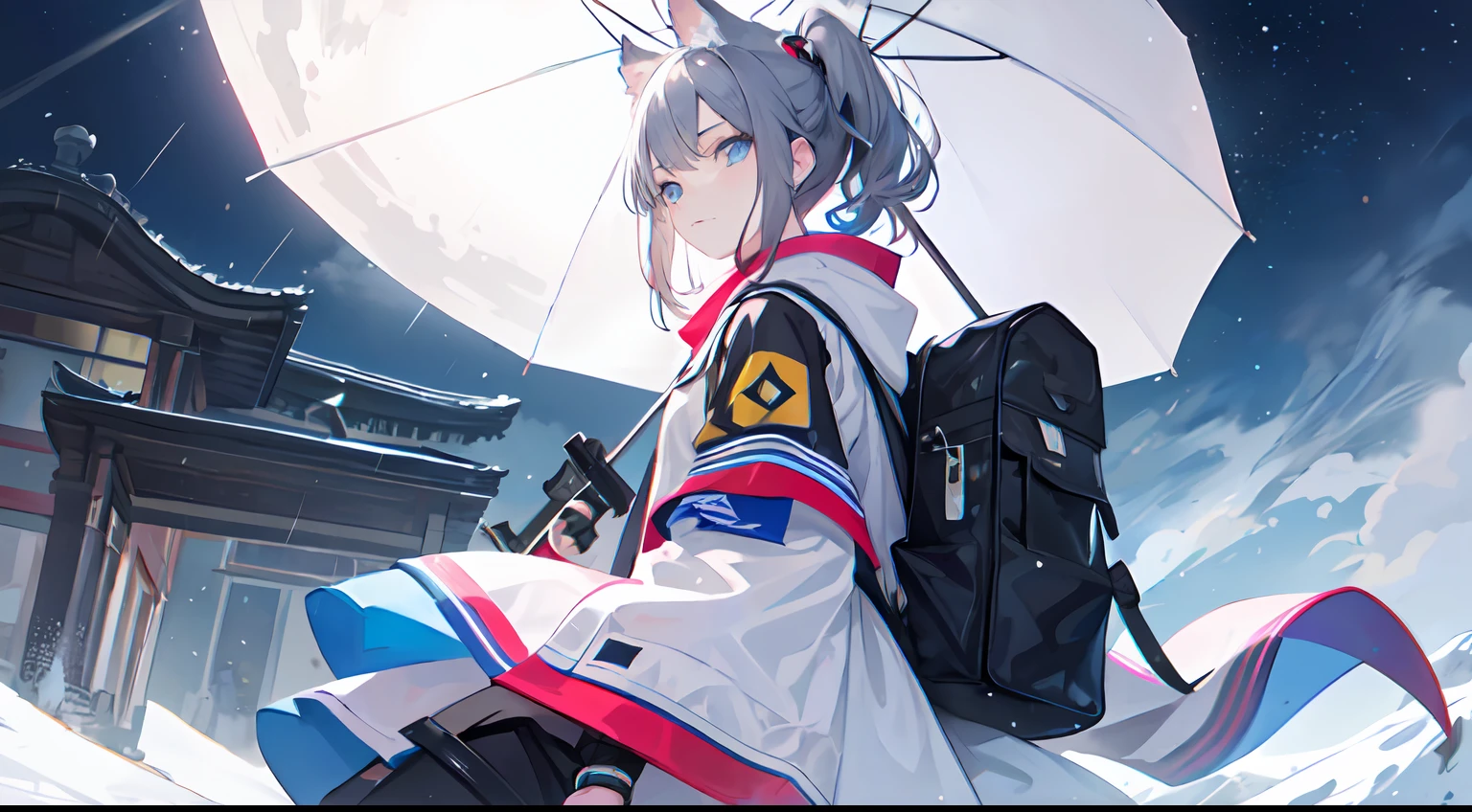 ((high qulity)), ((tmasterpiece)), 8K, Girls, bulletproof vest, llight rays, Extremely detailed CG unifies 8K, 8K, Diamond, and wallpaper, GameCG, looking at viewert, mitts, Boots, full bodyesbian, Wrist watch, Computer,Masks,UAVs,handheldweapons,Earphone,jaket,Bao,backpacks,Ark of tomorrow style,White trench coat,Black scarf,with short white hair,Issuing,The sword,yellow armband,Yellow band,Black strap,blue stripe,red color eyes,The sword,Firearms,Straighten your hair with both hands,Detailed hands,detailed back ground,detailed face with,A masterpiece of the Rhode Island Bridge,(best qualtiy:1.2),(super-fine:1.2),illustratio,(Extremely refined and beautiful:1.2),Movie Angle,floatking,(beatiful detailed eyes:1.1),(Detail light:1.1),电影灯光,Exquisite sky,woman,whaite hair,eBlue eyes,(high ponytails:1.1),cloaks,glowing light eyes,(themoon:1.2),(rays of moonlight:1.1),starrysky,(Light particles:1.1),Mist,Snow painting,full bloom,废墟,little bit of raining,Umbrella,Earphone,cat ear