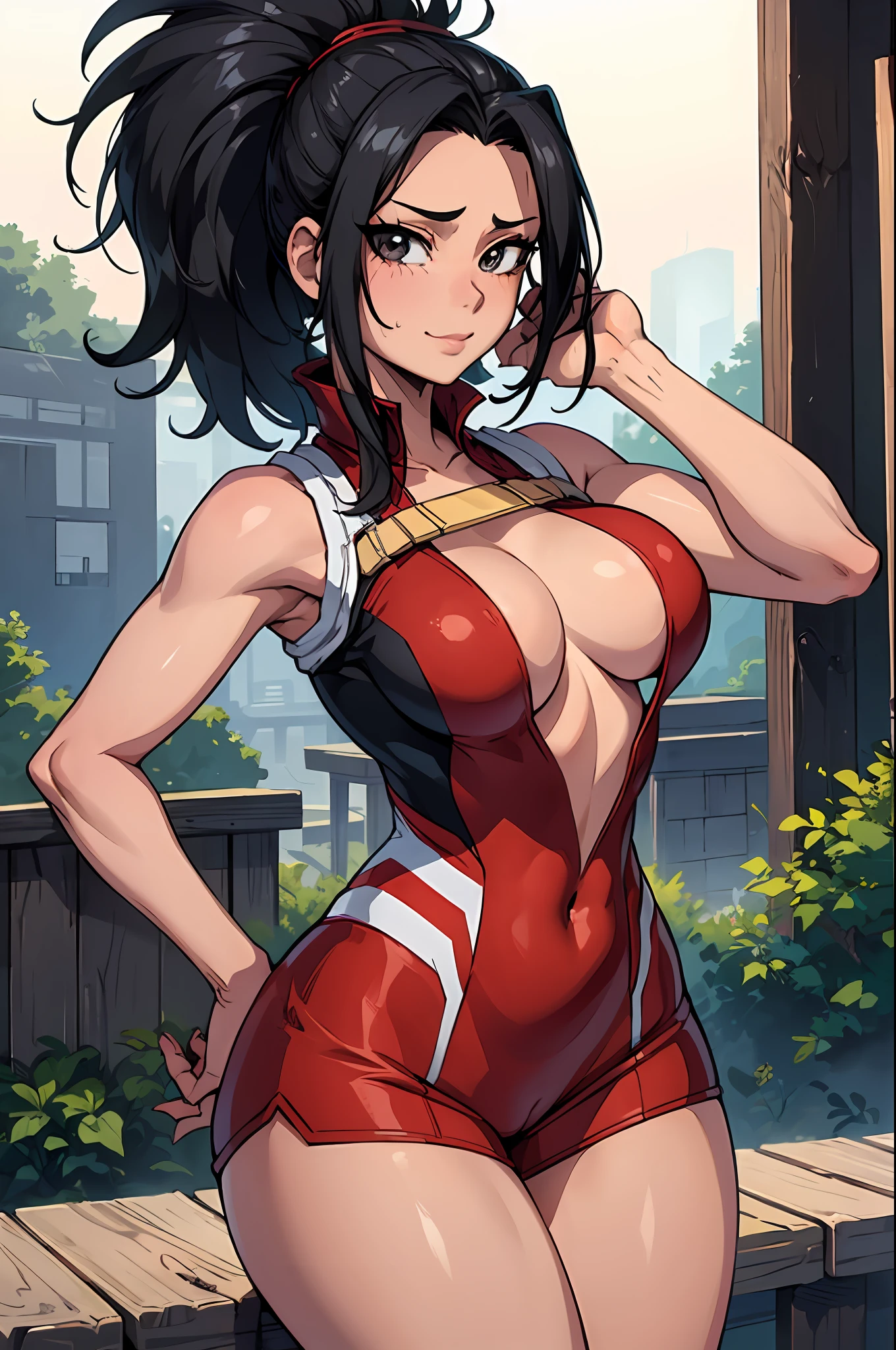 (tmasterpiece, beste-Qualit: 1.2), Cowboy shot, 独奏, 1girl, yaoyorozu momo, black  hair, ssmile, closed mouth, looks at the viewer, Sporty Tiger Top, Short shorts, 鎖骨, décolleté, wide thighs, big breastes, epic perspective, the sweat, Erotica, sweat drops, Slut