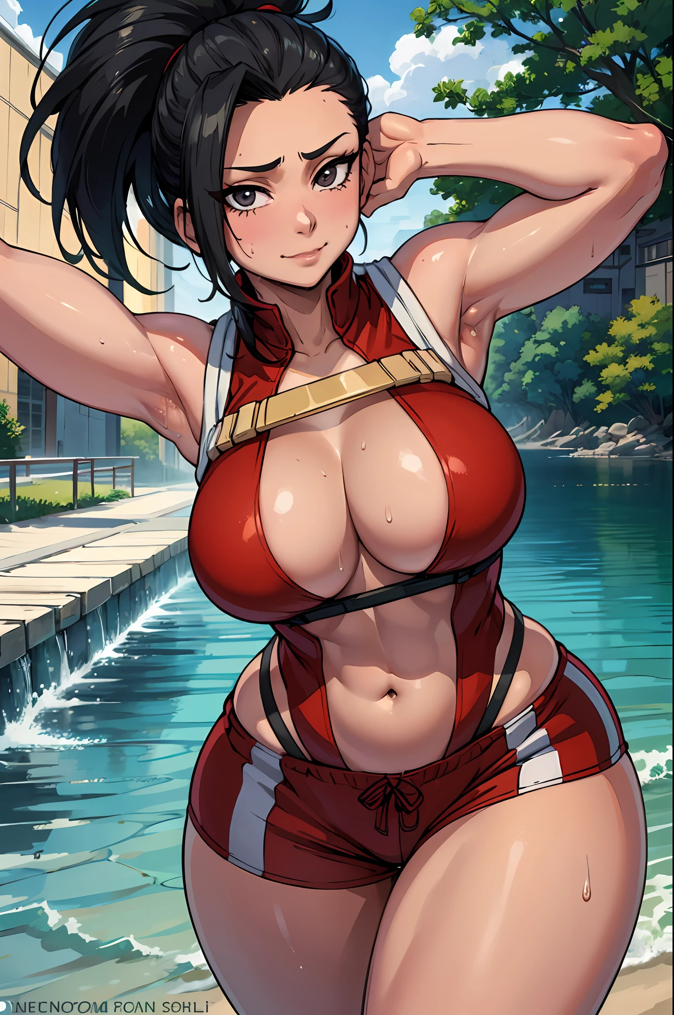 (tmasterpiece, beste-Qualit: 1.2), Cowboy shot, 独奏, 1girl, yaoyorozu momo, black  hair, ssmile, closed mouth, looks at the viewer, Sporty Tiger Top, Short shorts, 鎖骨, décolleté, wide thighs, big breastes, epic perspective, the sweat, Erotica, sweat drops, Slut