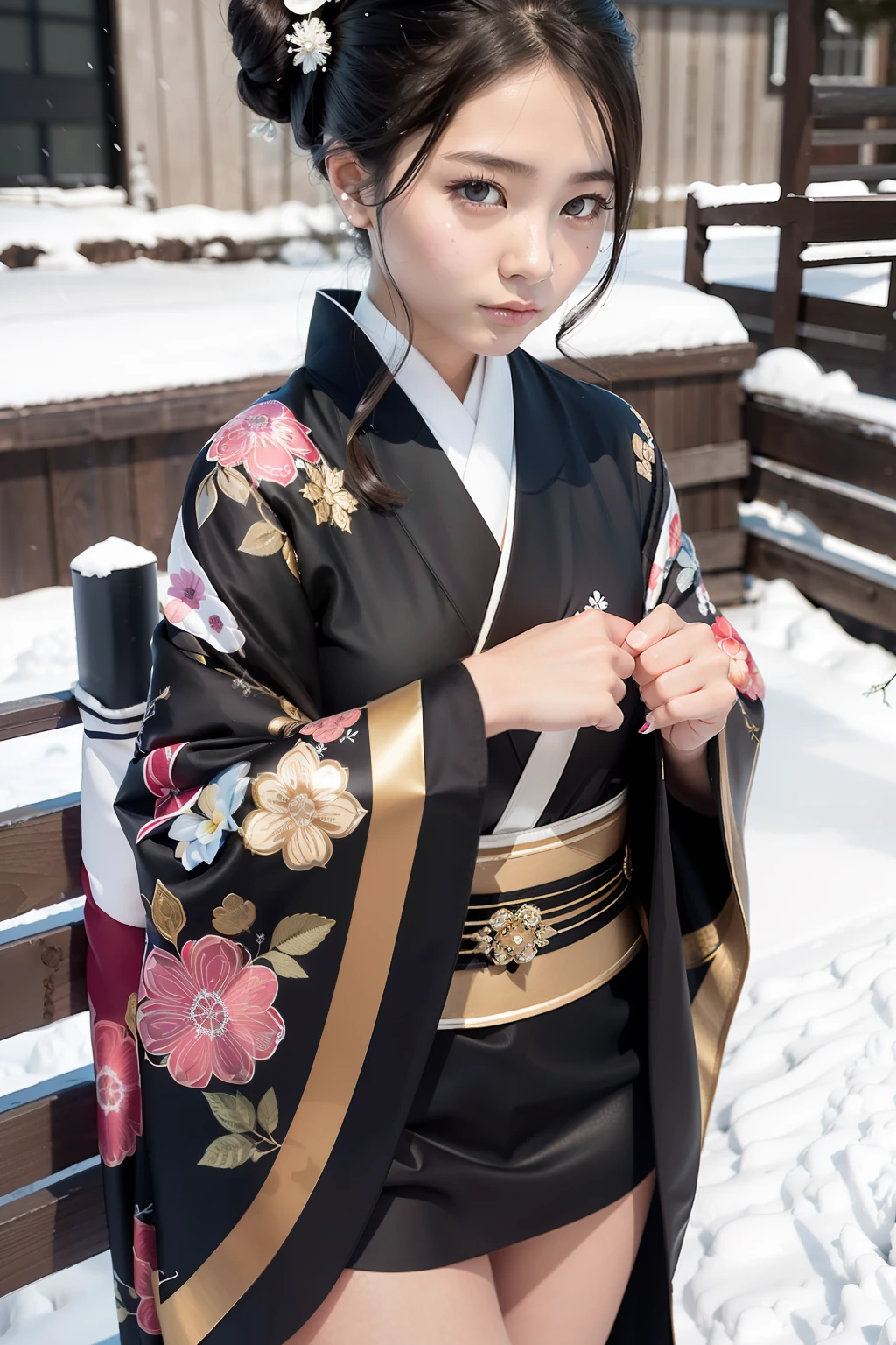 Close-up bust shot，Alone in the wind and snow，Snow map style，（（heavy snowy）），1 female，18yr old，（Numerical portrait：Honami Suzuki，Yui Natsukawa），（Leptoskeleton face，s delicate face），hyperdetailed face，（Delicate Japanese makeup）， Black colored eyes，（Look into the distance），Black hair，（Classic hairstyle）），Bare skin is fair and smooth，（Best Skin Type：1.21），（Visit Kimono，（black in color+Pattern）），masterpiece1.3，（（Hasselblad photograp）），physically-based renderingt，profesional lighting，Surreal photography，exquisite detailing，The picture is pure，Perfect condition，perfect hand，Perfect posture，exquisite detailing, Ultra-fine clothing material，8k wallpaper，Beautiful CG