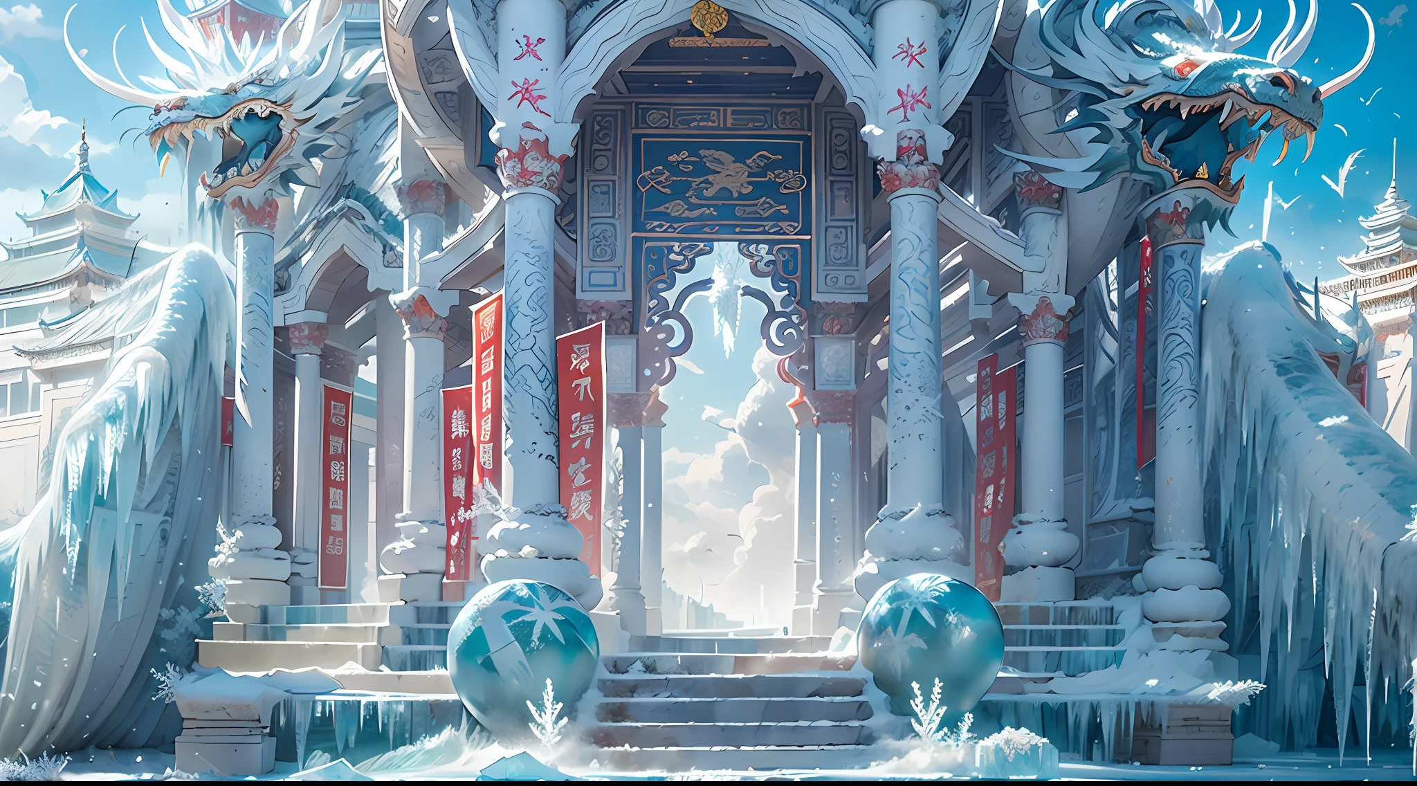 A magical world, (((transparent building)))，(Floating in the sky：1.5)，(White clouds on the ground:1.5)，(((Crystal tiles)))，(((crystal column)))，（（（Crystal wall）））(((The pillars are carved with Chinese dragons)))，Nice colorful light decoration, (icey)，(Frozen Palace:1.5)，best qualtiy，tmasterpiece, 8k 辛烷值渲染, Photorealistic, Cinematic lighting, detailed building, The art of detail carving，Chinese Ancient Architecture，