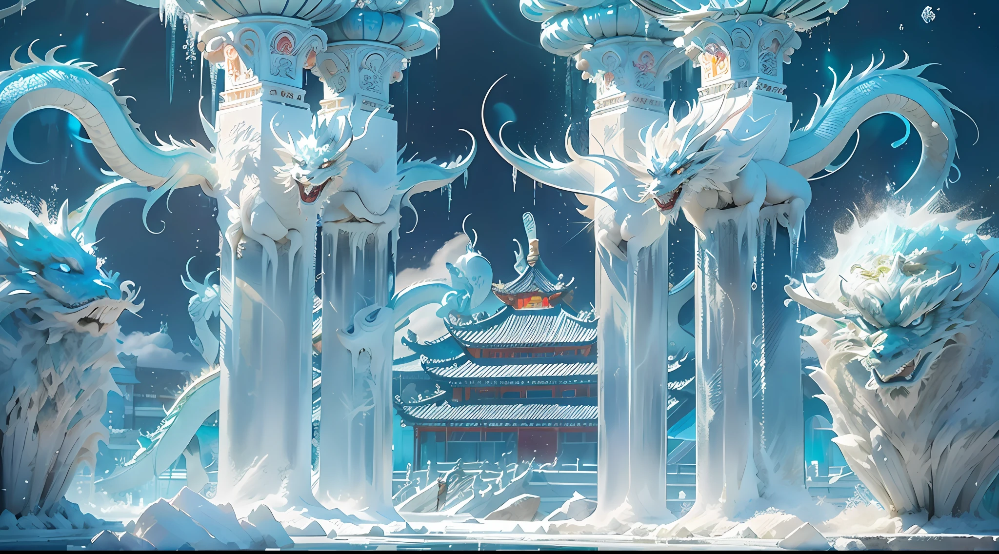 A magical world, (((transparent building))),(Floating in the sky:1.5),(White clouds on the ground:1.5),(((Crystal tiles))),(((crystal column))),(((Crystal wall)))(((The pillars are carved with Chinese dragons))),Nice colorful light decoration, (icey),(Frozen Palace:1.5),best qualtiy,tmasterpiece, 8k 辛烷值渲染, Photorealistic, Cinematic lighting, detailed building, The art of detail carving,Chinese Ancient Architecture,