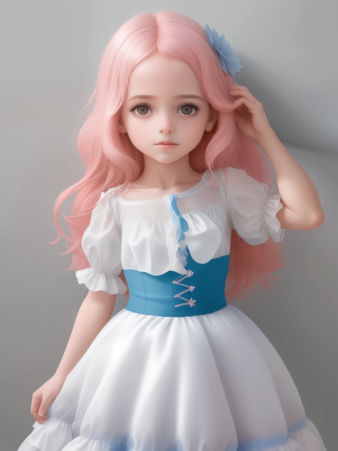 obra-prima, melhor qualidade, extremamente detalhado CG unidade de papel de parede 8K, 1girl, brilhante, cabelo rosa, floreswanted a child with a white blouse with a blue skirt in various positions and expressions