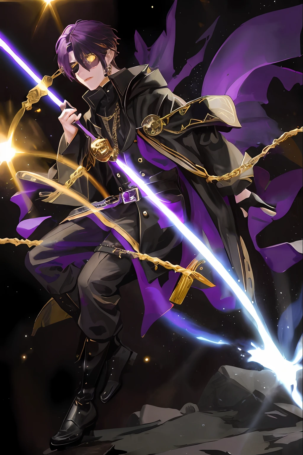 1man, dark purple short hair, shaved sides, ((golden eyes)), bored expression, pirate clothes, dark sky, pretty eyes, glowing pupils, dark sky background, lens flare abuse, mage clothes, elemental magic circling him, bored, magical spirit behind him, semi-realistic masterpiece, hair over eye, eye patch on his right eye, ((full body))
