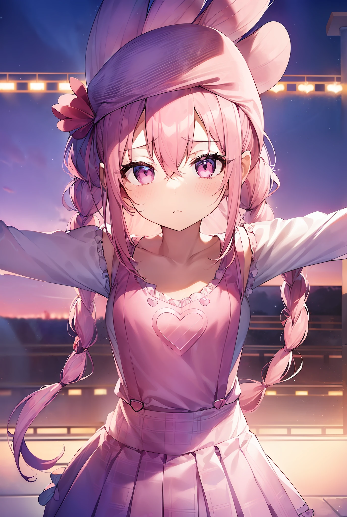 1girl in. Pink hair.Long hair.((Twin-tailed)).{Lori}.Short stature.tiny chest.white t-shirts.suspender.Skirt. (((masutepiece))).(((Best Quality))).)((Ultra-detailed))).(((Illustration))). (((Spread your arms))).(((Night view))).(((Heart on chest))).Feathered hat.(((Face of sadness))).