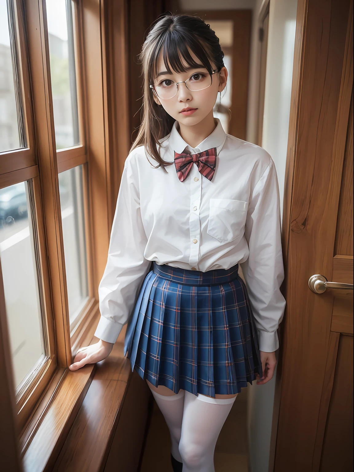 (8K、Raw photography、top-quality、masterpiece:1.2),de pele branca,Black pantyhose,absurderes,a small face,small tits,flat breast,Parting the bangs from the middle、Forehead visible,(Tight eyes,glares,Bullish,skinny,Rasping,irate)、masterpiece,top-quality、超A high resolution,Raw photo,ren,Beautiful fece,One Person, 独奏,eye glass,,Dark look,Small breasts,fullllbody,Round glasses、cute little、JK school uniform,hi-school girl,A Japanese Lady,is standing,(Photorealsitic:1.37)、Photon mapping,Light blue ribbon,Realistic、Cute little face,Brown-eyed、Black socks、(Red bow tie)、Radio City、Physically Based Rendering、Foreground、depth of fields、Blurry background、a picture,The girls、Body,beauty legs, Long legs, Thin leg,poneyTail,(Bangs are visible), hair, s lips, Blue_The eye, nosesoft,White shirt, Navy and blue and white plaid pleated skirt, Knees are visible,Sheer clothing,, Thigh, Black cotton socks,Nogizaka Idol, 女優, Japanese ido