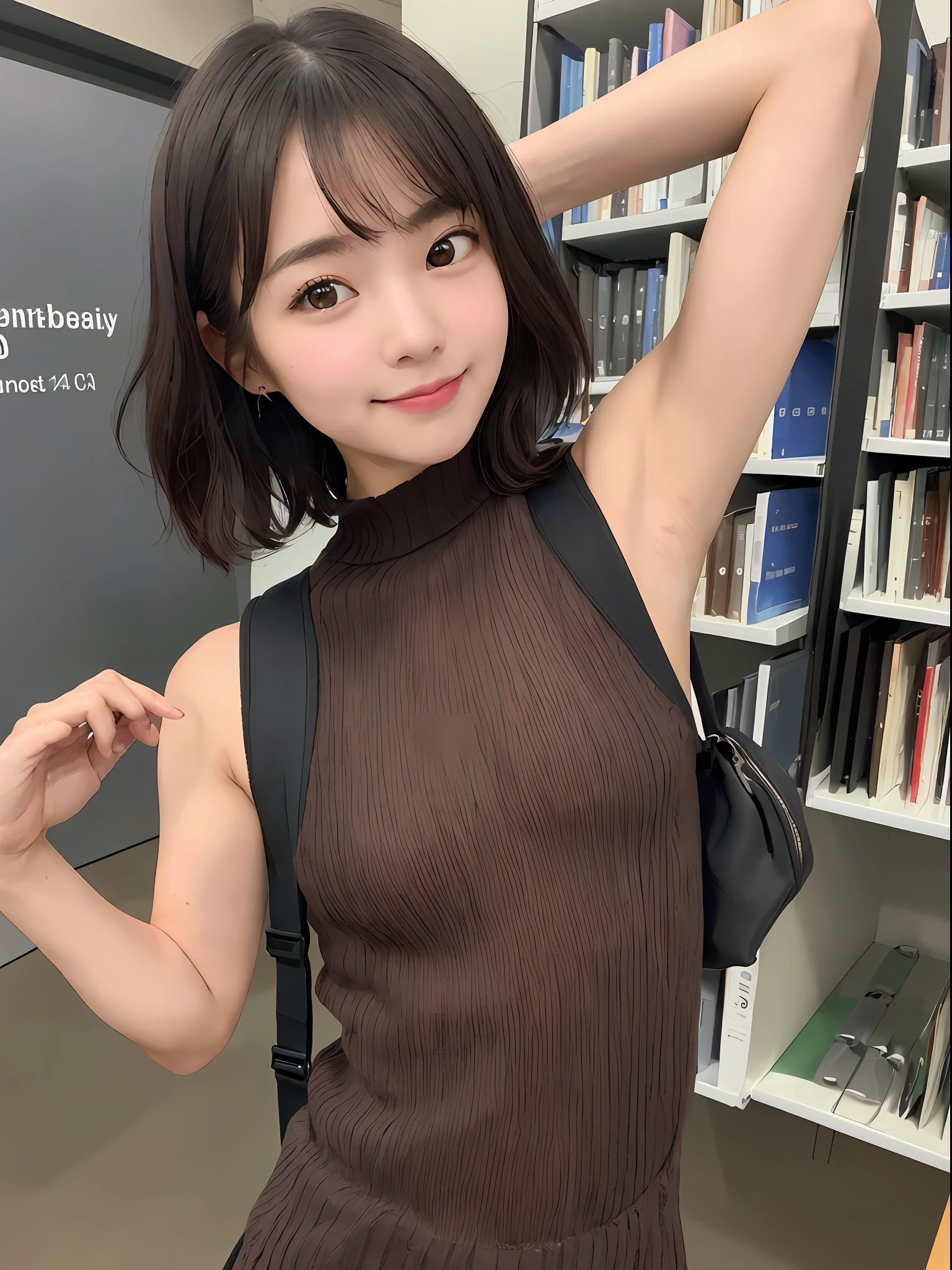 in 8K, top-quality, Real Image,real looking skin、look at a camera、intricate detailes, The ultra-detailliert, 超A high resolution, Depth Field,(Photorealsitic,realisitic:1.8),masterpiece:1.6、(small breasts:1.2)、Slender body type:1.4.、Toned abs:1.4,A dark-haired、Short Bob、Brown eyes、portlate、realisitic、(atlibrary)、Black knitted dress、backpack、Armpits are visible、Hands raised