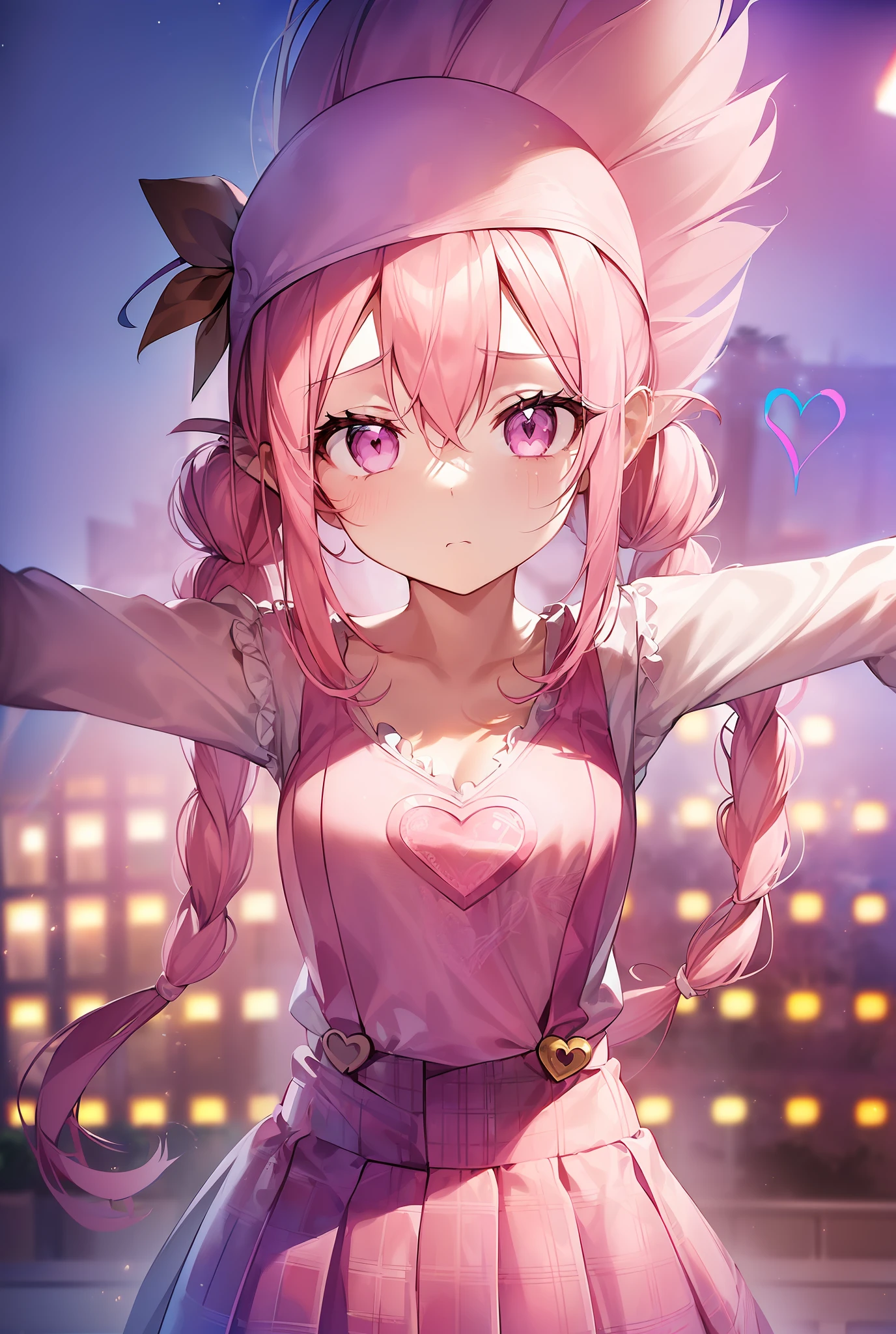 1girl in. Pink hair.Long hair.((Twin-tailed)).{Lori}.Short stature.tiny chest.white t-shirts.suspender.Skirt. (((masutepiece))).(((Best Quality))).)((Ultra-detailed))).(((Illustration))). (((Spread your arms))).(((Night view))).(((Heart on chest))).Feathered hat.(((Face of sadness))).