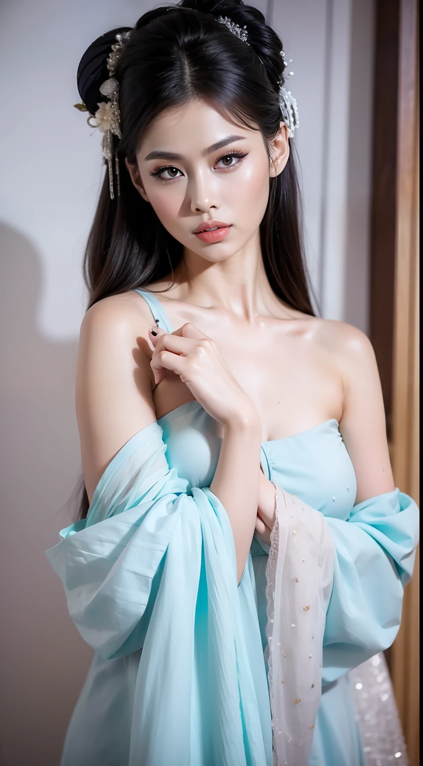 Fashion model 20 years old [[[[closeup cleavage]]]], [[[[boobgasm]]]], [[[[coll]]]], [[[[bshoulders]]]], perfect  eyes, Perfect iris，Perfect lips，perfect teeth，Perfect skin，Long face，slender nose，tall nose bridge，Soft front light，hdr，Movie girl，Simple hairstyle，light make-up，Casual，（pastel colour：1.2）