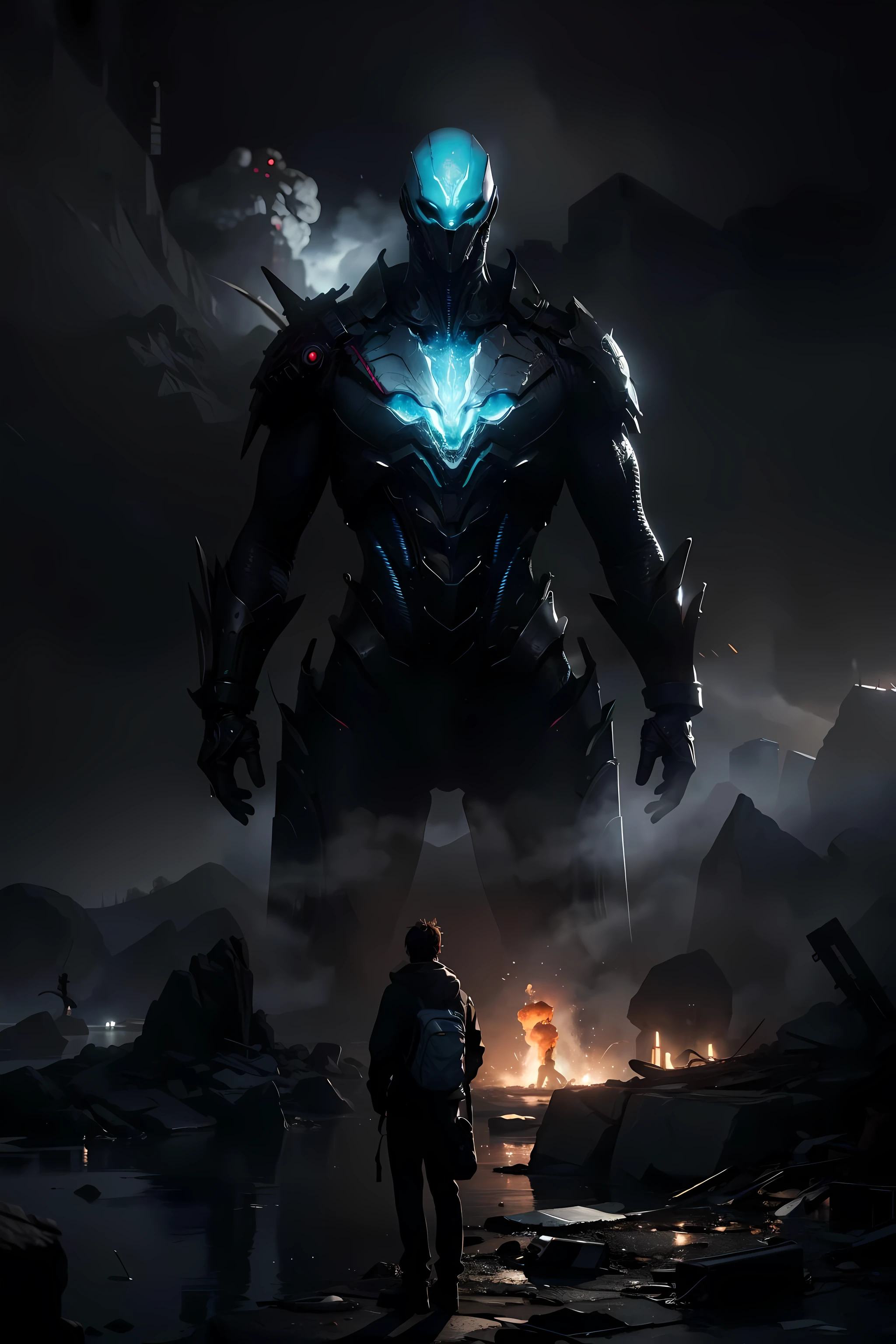 a highly detailed matte painting of a man on a hill watching a giant alien monster, by makoto shinkai, by artgerm, by wlop, by greg rutkowski, volumetric lighting, octane render, 4k resolution, trending on artstation, masterpiece