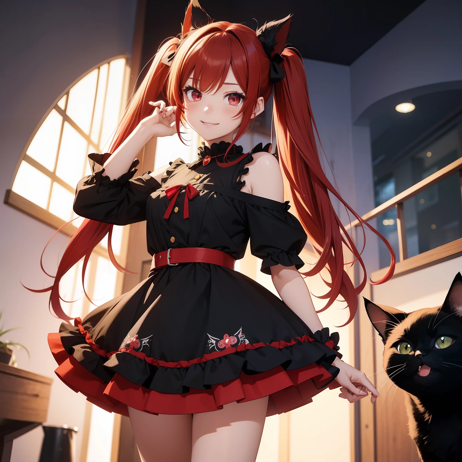 Anime filling,Two-dimensional illustration,Red hair,Half Twin Tail,shorth hair,Big eyes,A smile,a beauty girl,cute little,Super Cute,Black cat ears,Red Eyes,Ruffled Clothes,Black lace clothes,Inner colorGreen,One girl,Full body painting,A masterpiece of 2D art,(​masterpiece,Top image quality:1.3),(detaile:1.2),(女の子1人)