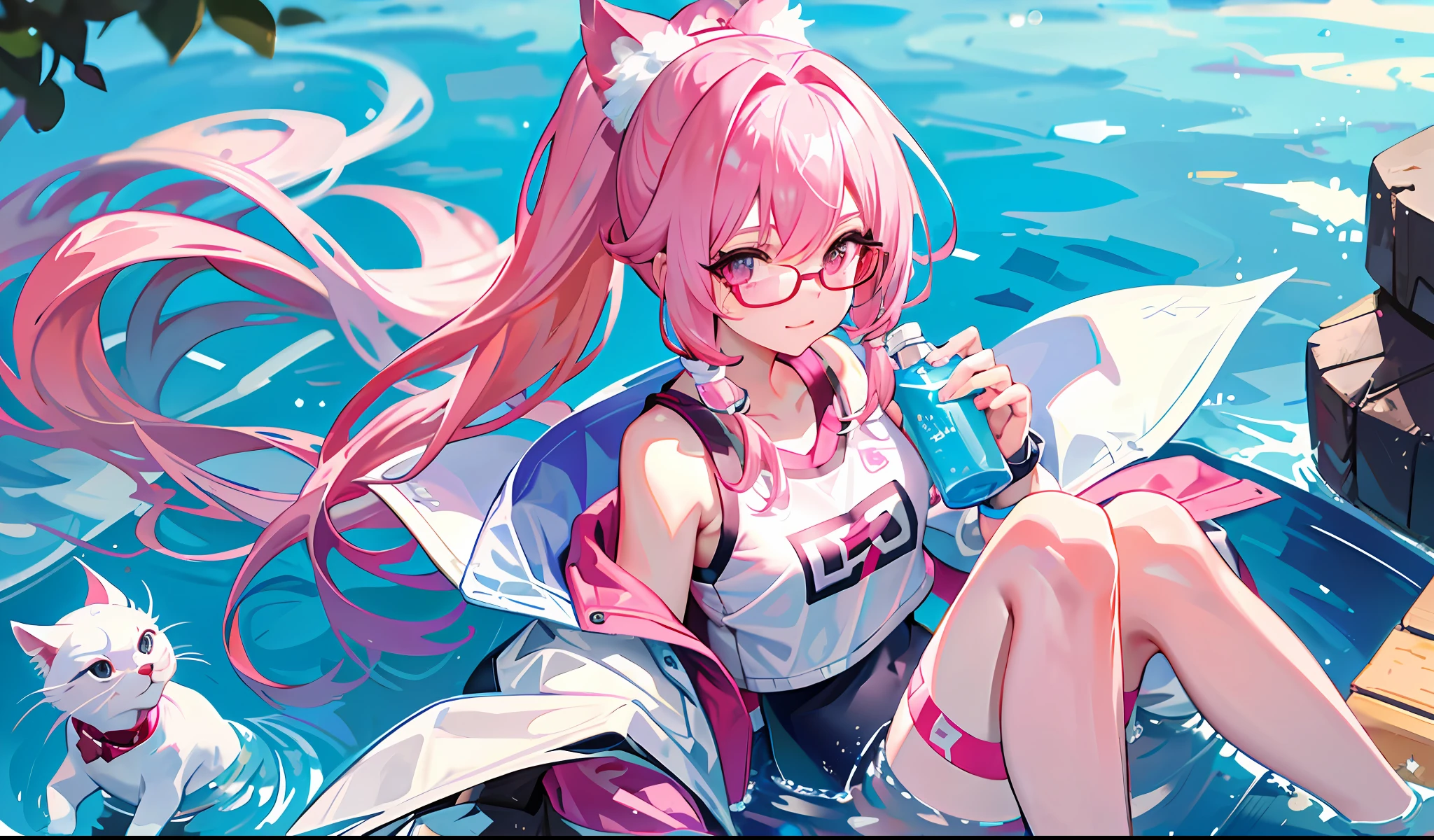 8K, ultra - detailed, teens girl,quadratic element,Pink hair,Wearing white silk,wears glasses,swimming uniform,比基尼,D-cups,Bigchest,self-expression,sitted,Drinking a juice,High ponytail,ssmile,best qualtiy,cat ear,