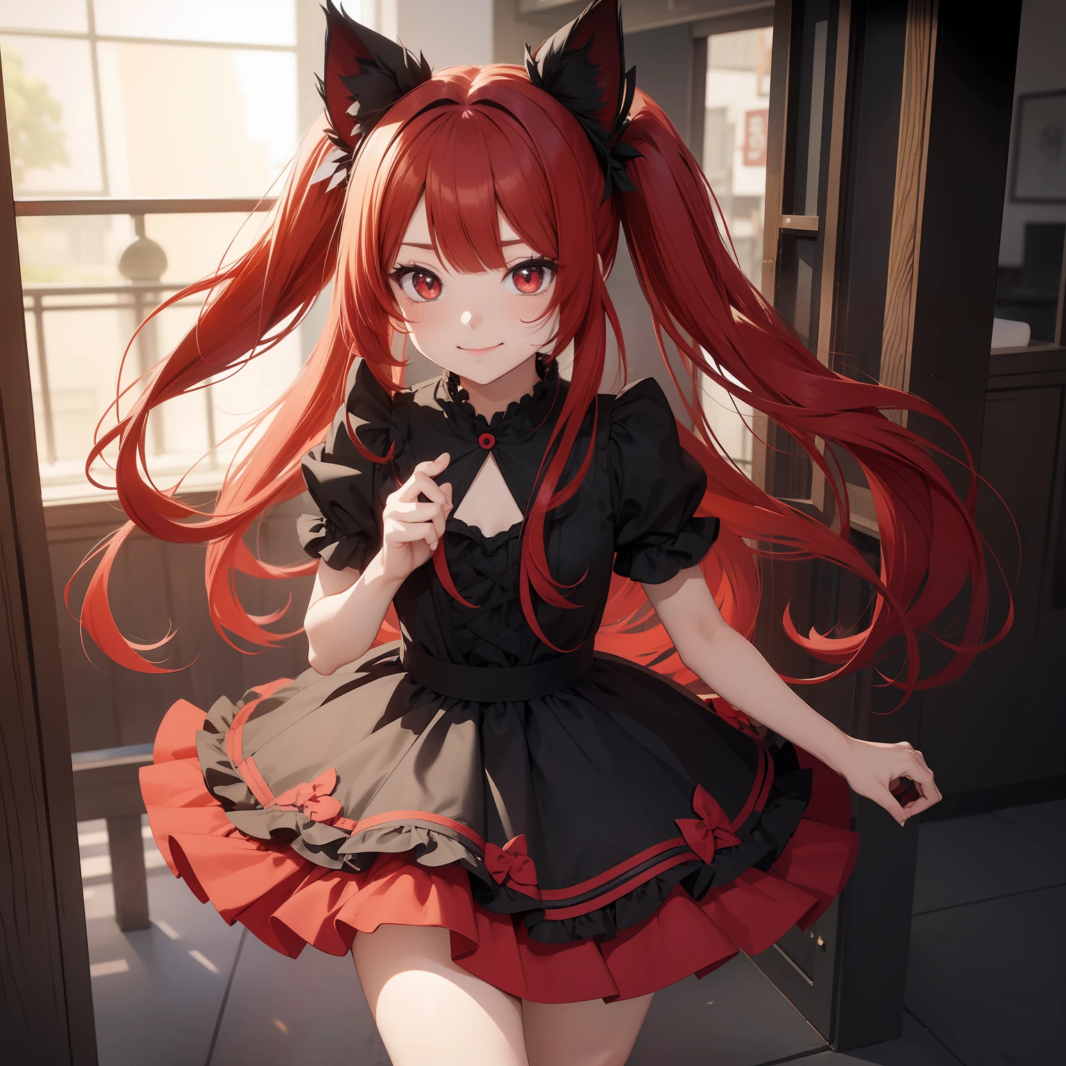Anime filling,Two-dimensional illustration,Red hair,Half Twin Tail,shorth hair,Big eyes,A smile,a beauty girl,cute little,Super Cute,Black cat ears,Red Eyes,Ruffled Clothes,Black lace clothes,Inner colorGreen,One girl,Full body painting,A masterpiece of 2D art,(masterpiece,Top image quality:1.3),(detaile:1.2),(1人)