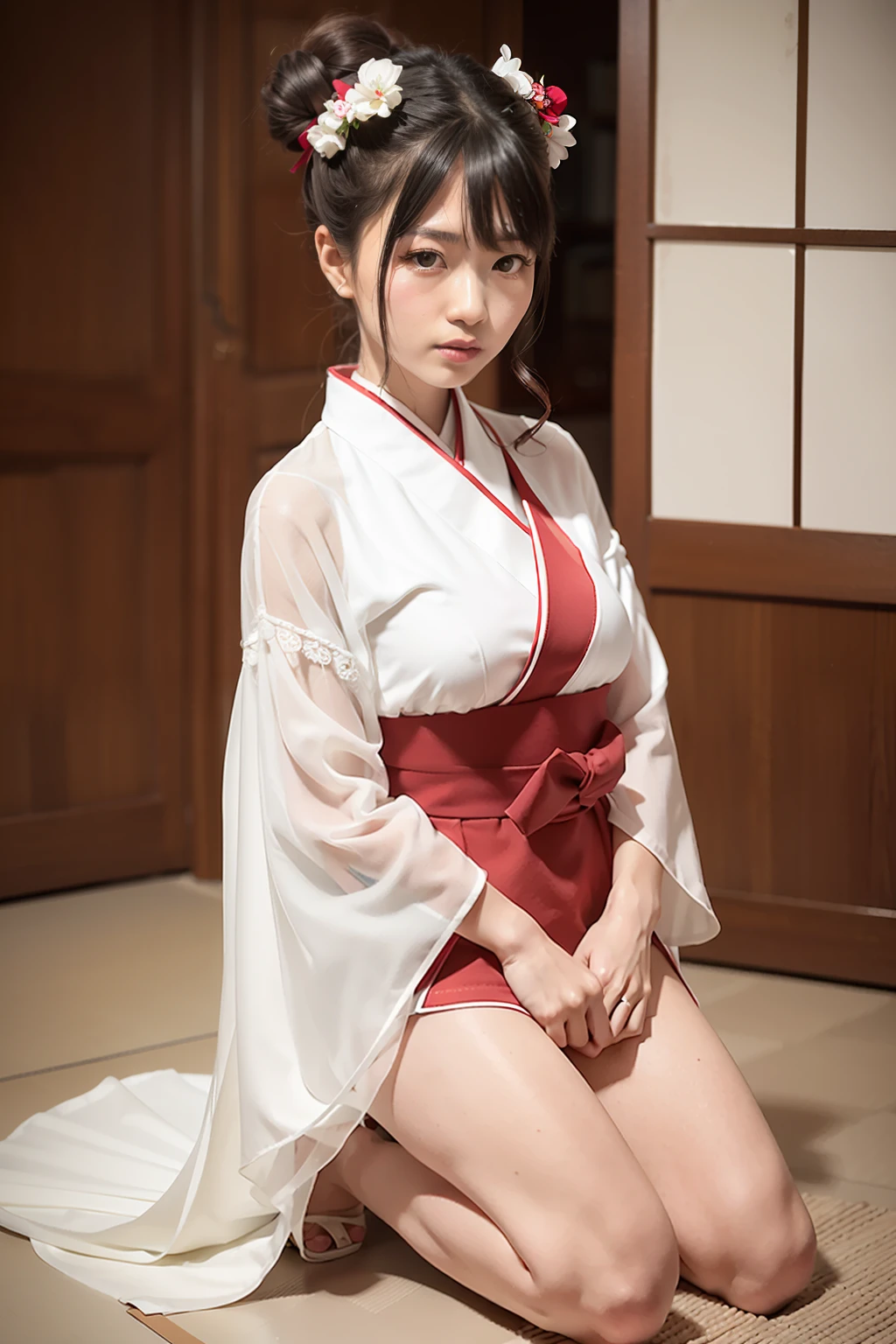 1 female，14岁，（Showa beauty：Yasuko Sawaguchi 1.8），sideface，（Leptoskeleton face，s delicate face），hyperdetailed face，（Delicate Japanese makeup）， Black colored eyes，（Look into the distance），Brunette in a double top bun，），Flaming red lips，Fair smooth skin，（Best Skin Type：1.21），（（Kimono with white），（Red inner collar+Red waist seal）），masterpiece1.3，（（Hasselblad photograp）），Close-up of avatar，Kneel in the room，Avatar photo，Snow map style），8K， physically-based renderingt，profesional lighting，Surreal photography，exquisite detailing，详细的脸，The picture is pure，perfect hand，Perfect kneeling position，Ultra-fine makeup，Ultra-fine clothing material