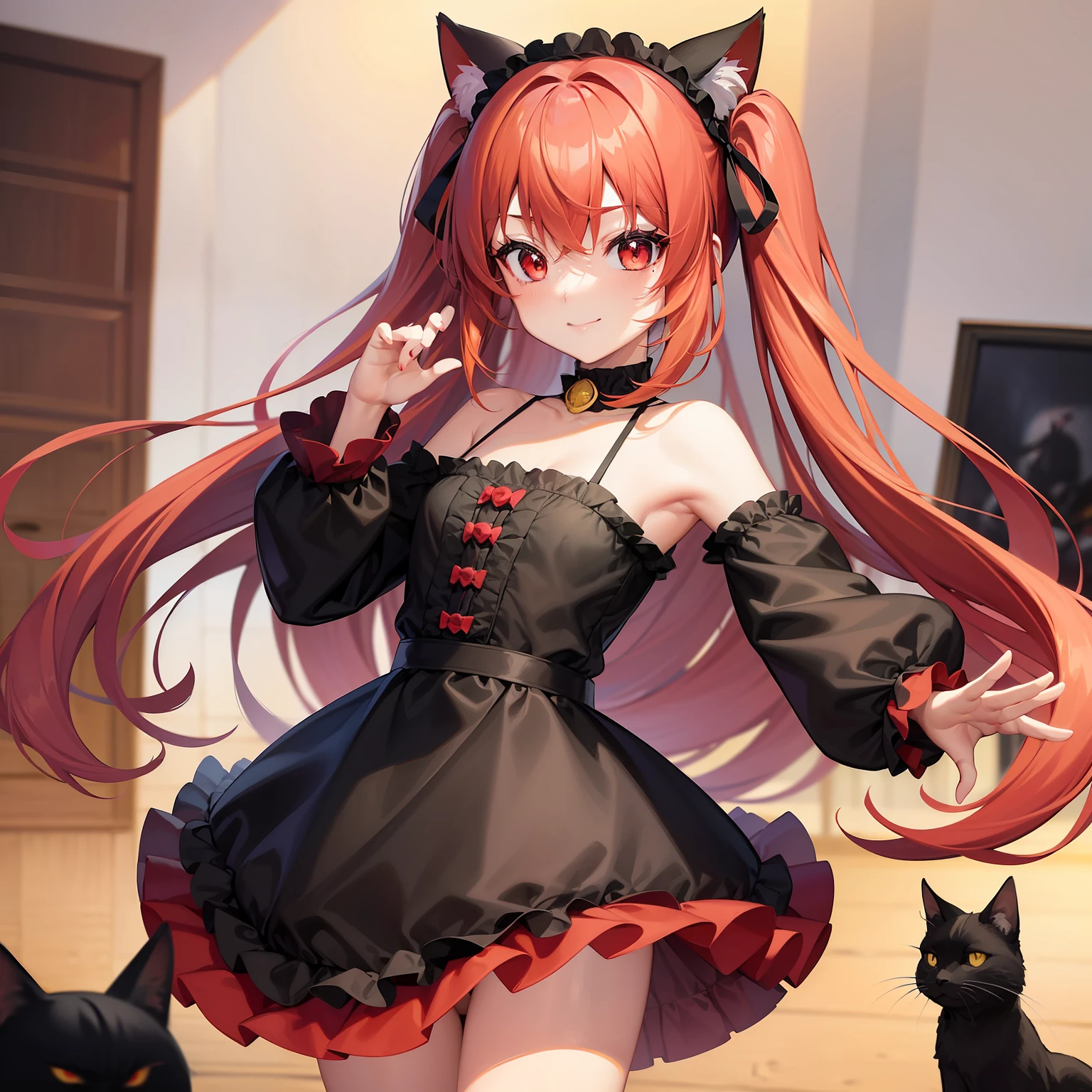 Anime filling,Two-dimensional illustration,Red hair,Half Twin Tail,shorth hair,Big eyes,A smile,a beauty girl,cute little,Super Cute,Black cat ears,Red Eyes,Ruffled Clothes,Black lace clothes,Inner colorGreen,One girl,Full body painting,A masterpiece of 2D art,(​masterpiece,Top image quality:1.3),(detaile:1.2),(女の子1人)