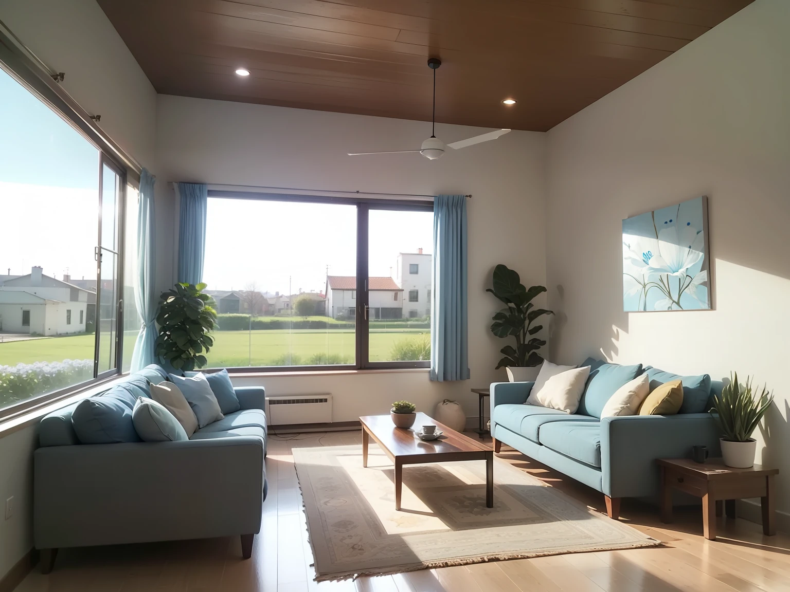 White ceiling,Blue sofa,Light blue walls,There are paintings on the walls,Flowers outside the window