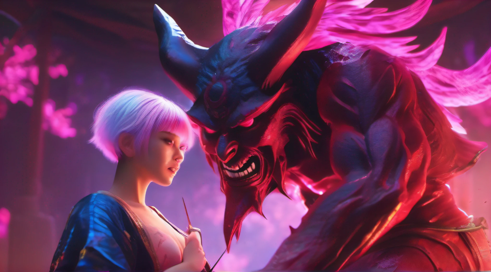 japanese demon is fighting a beautiful girl,18yo, pink short hair, blue eyes,Conceptual art, best photo shot, glowing light, realistic, UHD, textured skin, masterpiece, anatomically correct, best quality, 8k, full body,