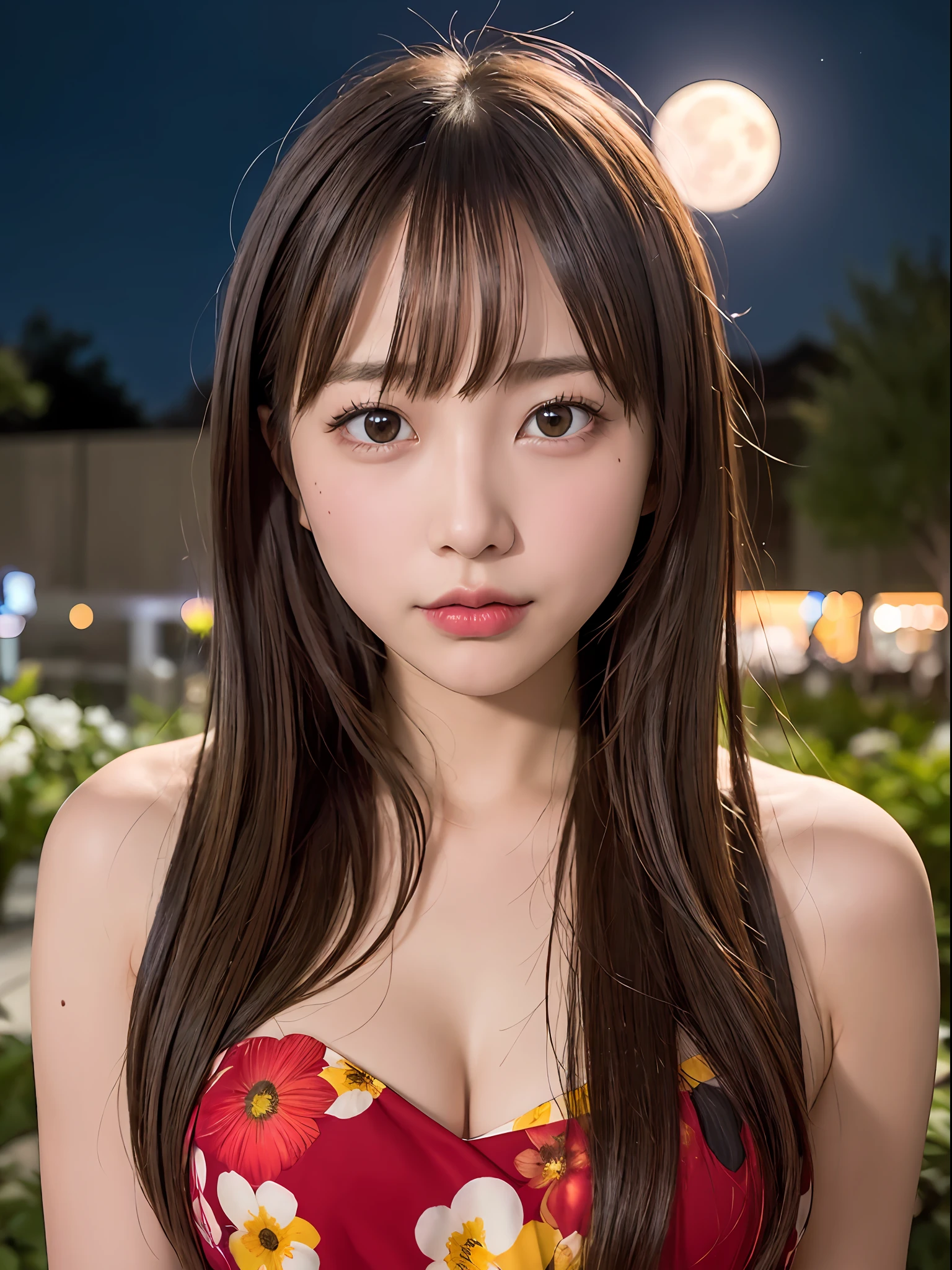 1girl in, bblurry, blurry_background, brown_eyes, brown_hair, depth_of_field, 耳Nipple Ring, florals, full_moon, hair_flower, hair_ornament, s lips, looking_at_viewer,, natta, night_sky, plein air, red_flower, red_moon, Skysky, 独奏